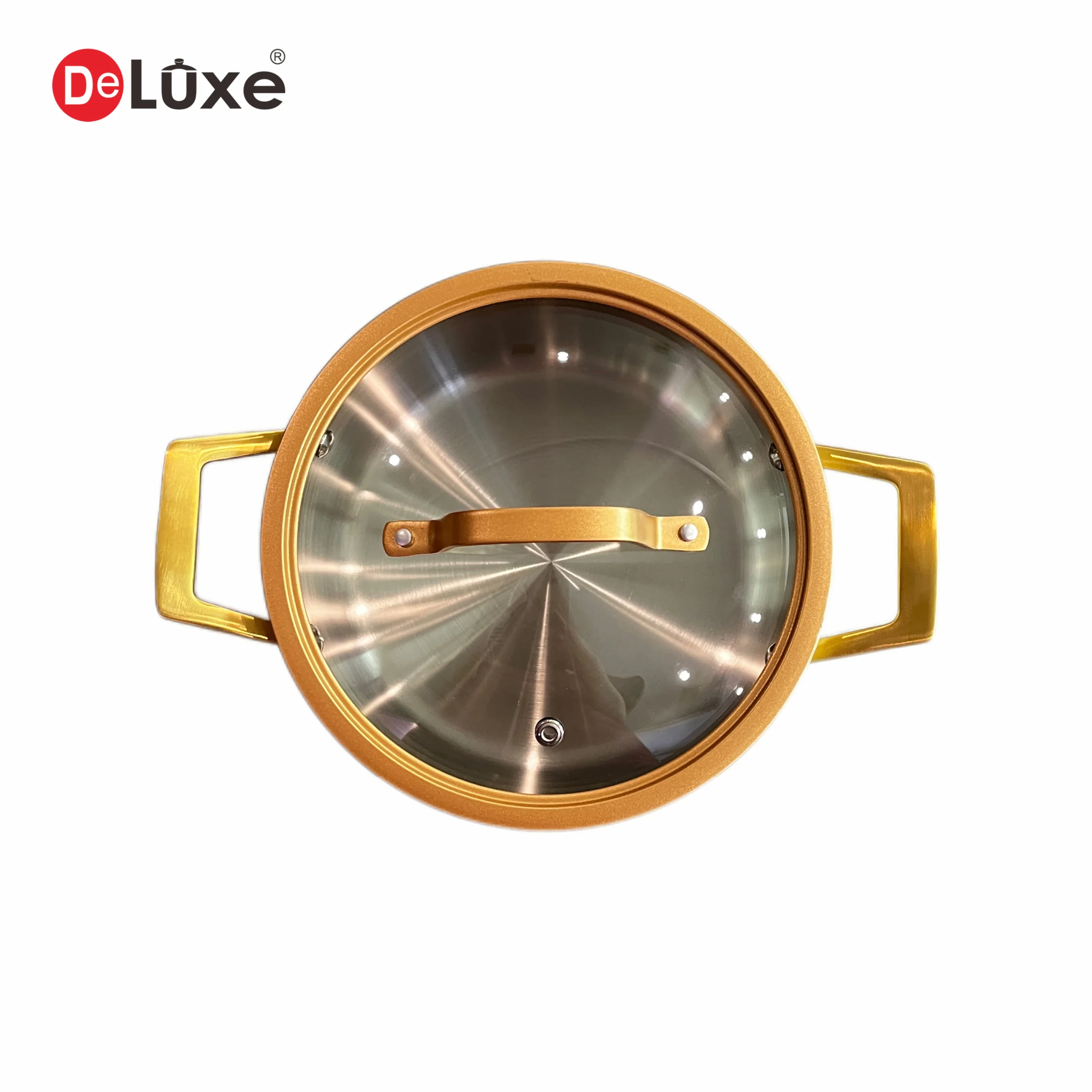 Deluxe top view of 3-ply straight stock pot, light yellow ceramic coated exterior, tempered glass lid with golden non-stick rim and gold PVD handles