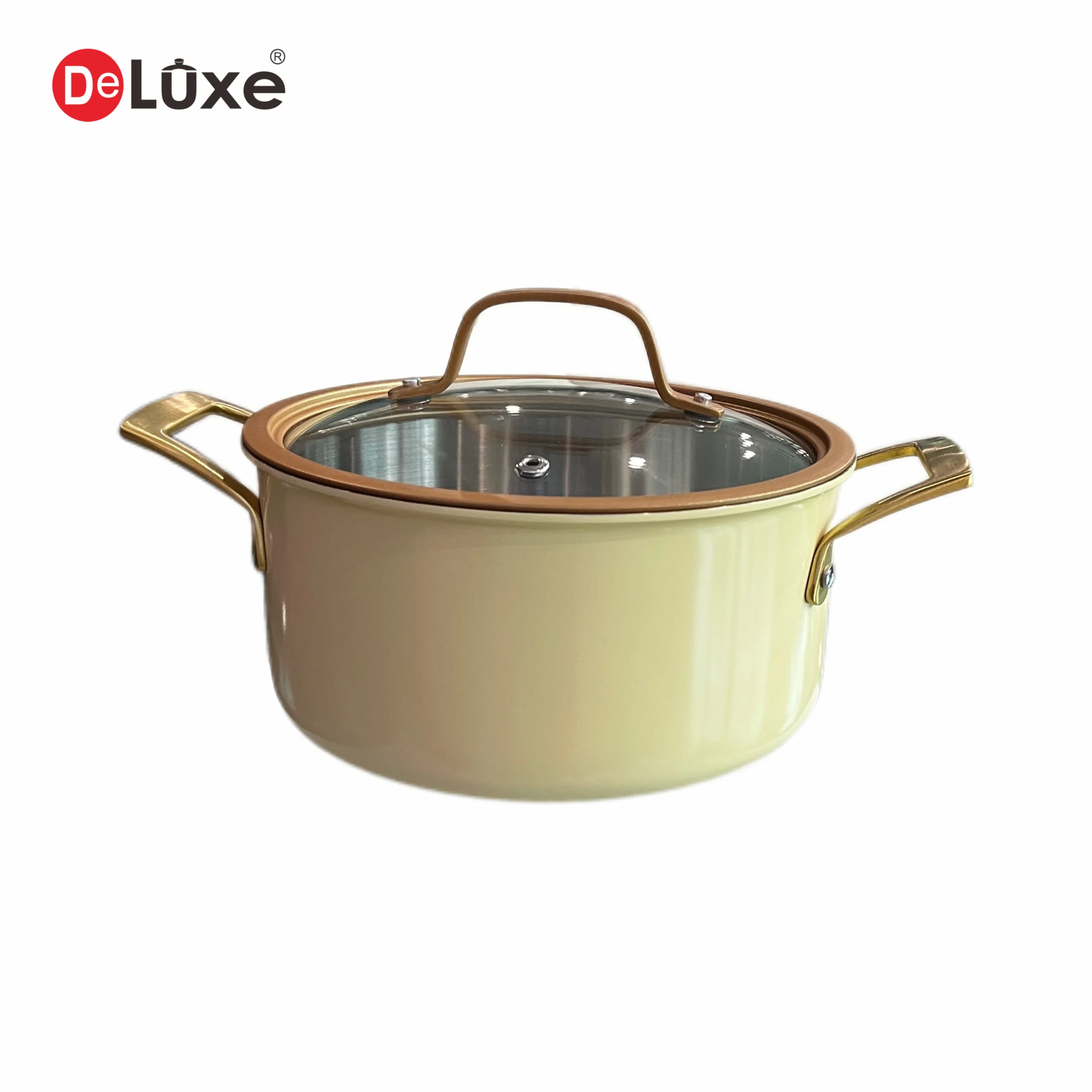 Deluxe light yellow exterior ceramic coated 3-ply stainless steel stock pot, gold PVD cast steel double handles and tempered glass lid
