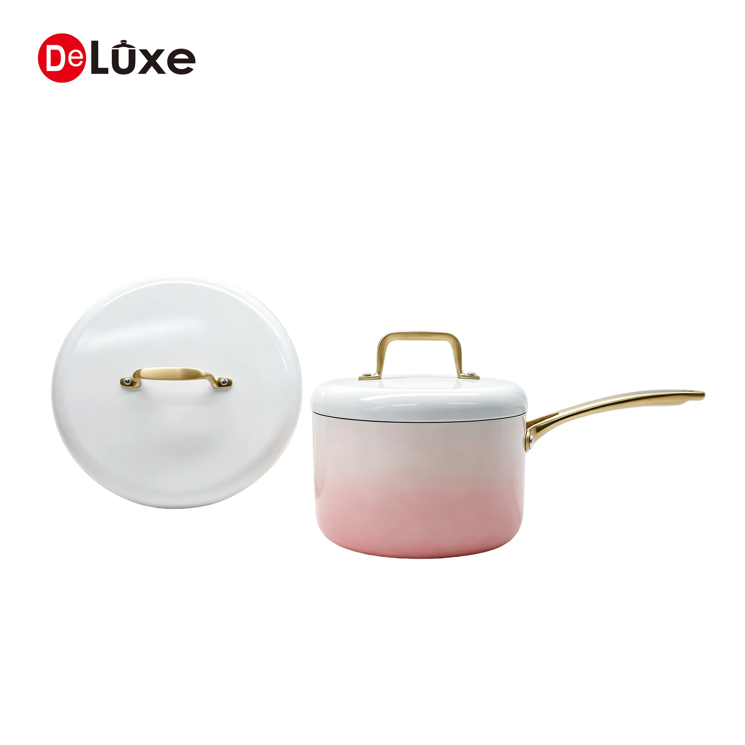Deluxe pink gradient 3-ply straight stainless steel saucepan with white lid