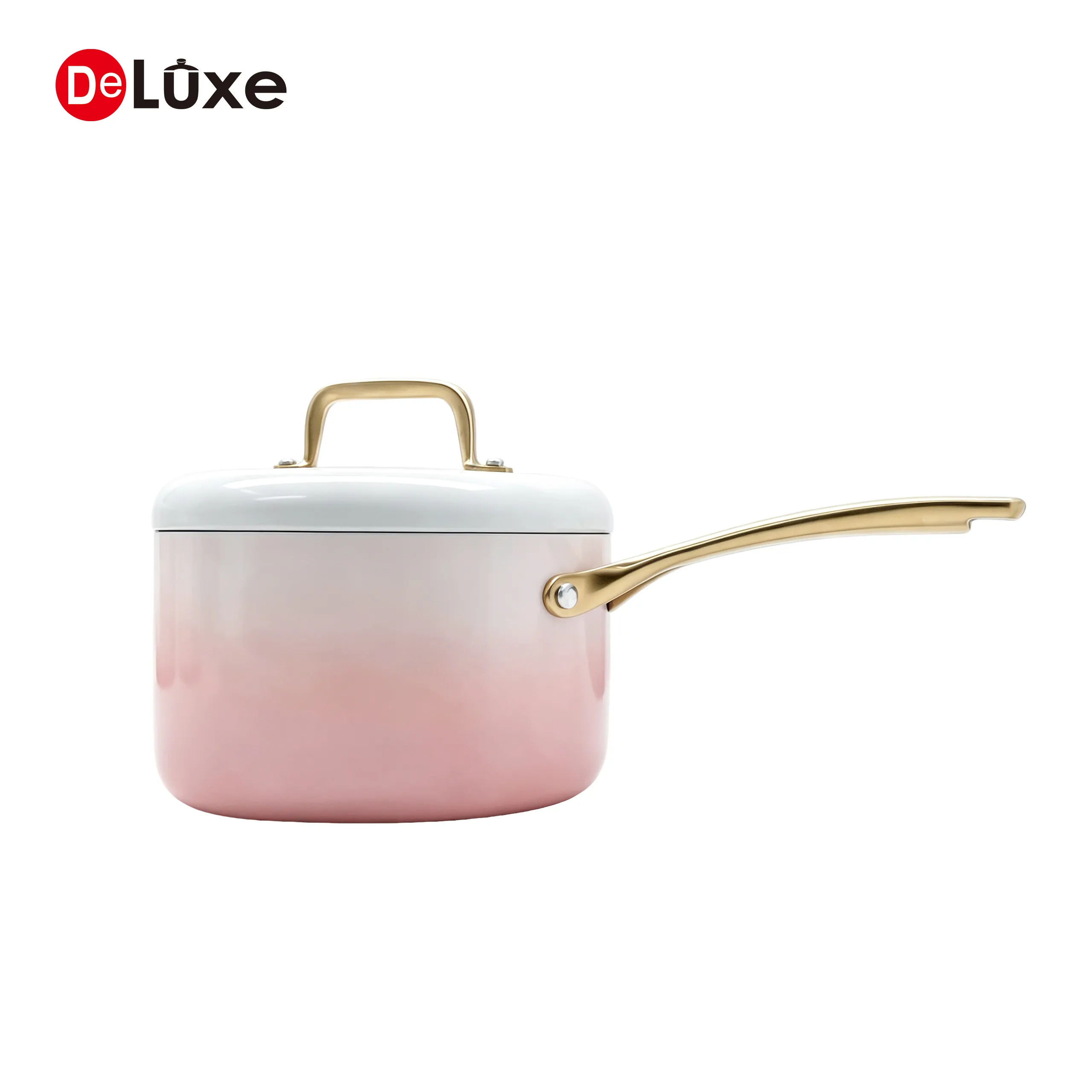 Deluxe pink gradient 3-ply straight stainless steel saucepan side view