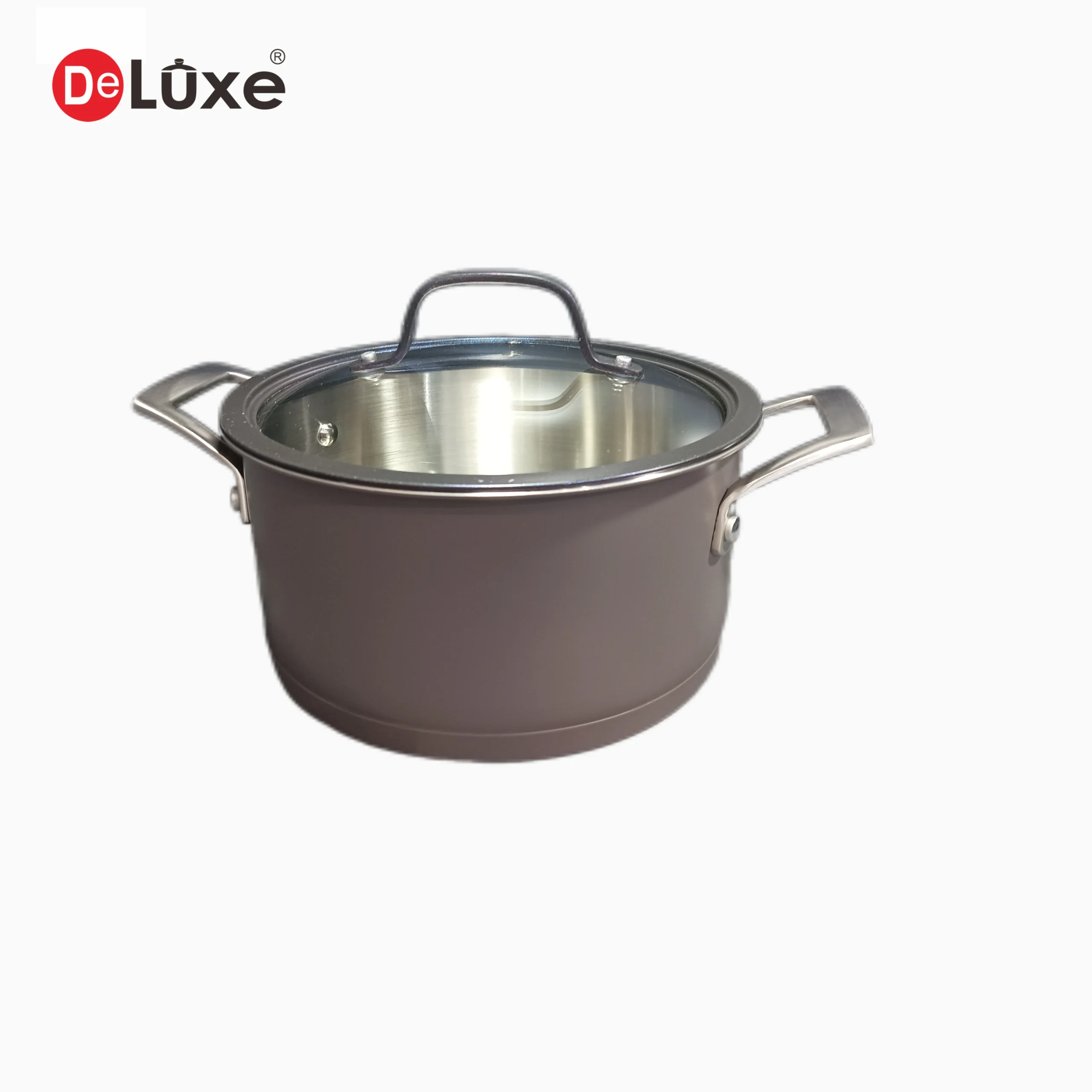 Deluxe straight 304 stainless steel stock pot with purple exterior ceramic coating, glass lid and cast steel handle