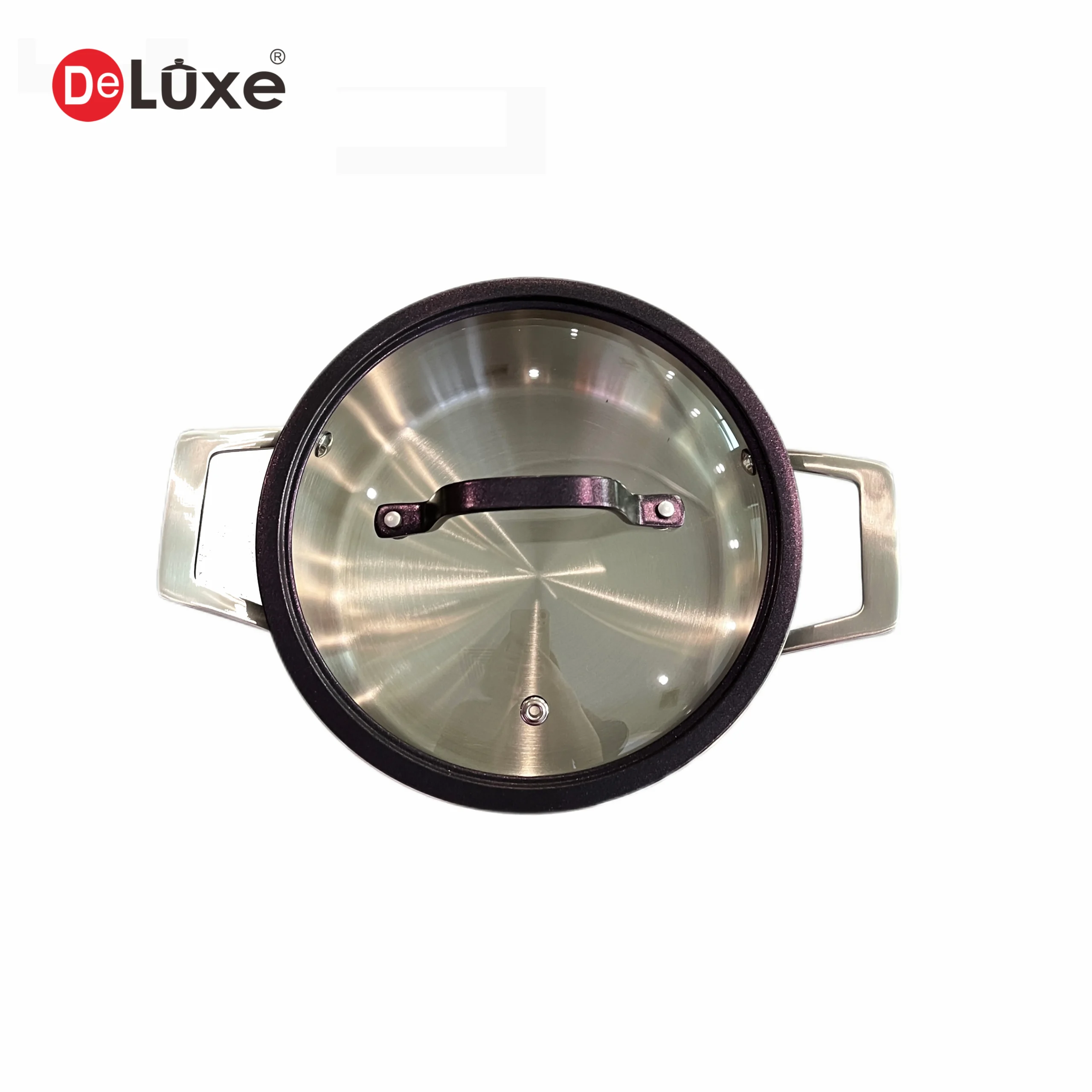 Deluxe top view of 304 stainless steel stock pot, purple ceramic coated exterior