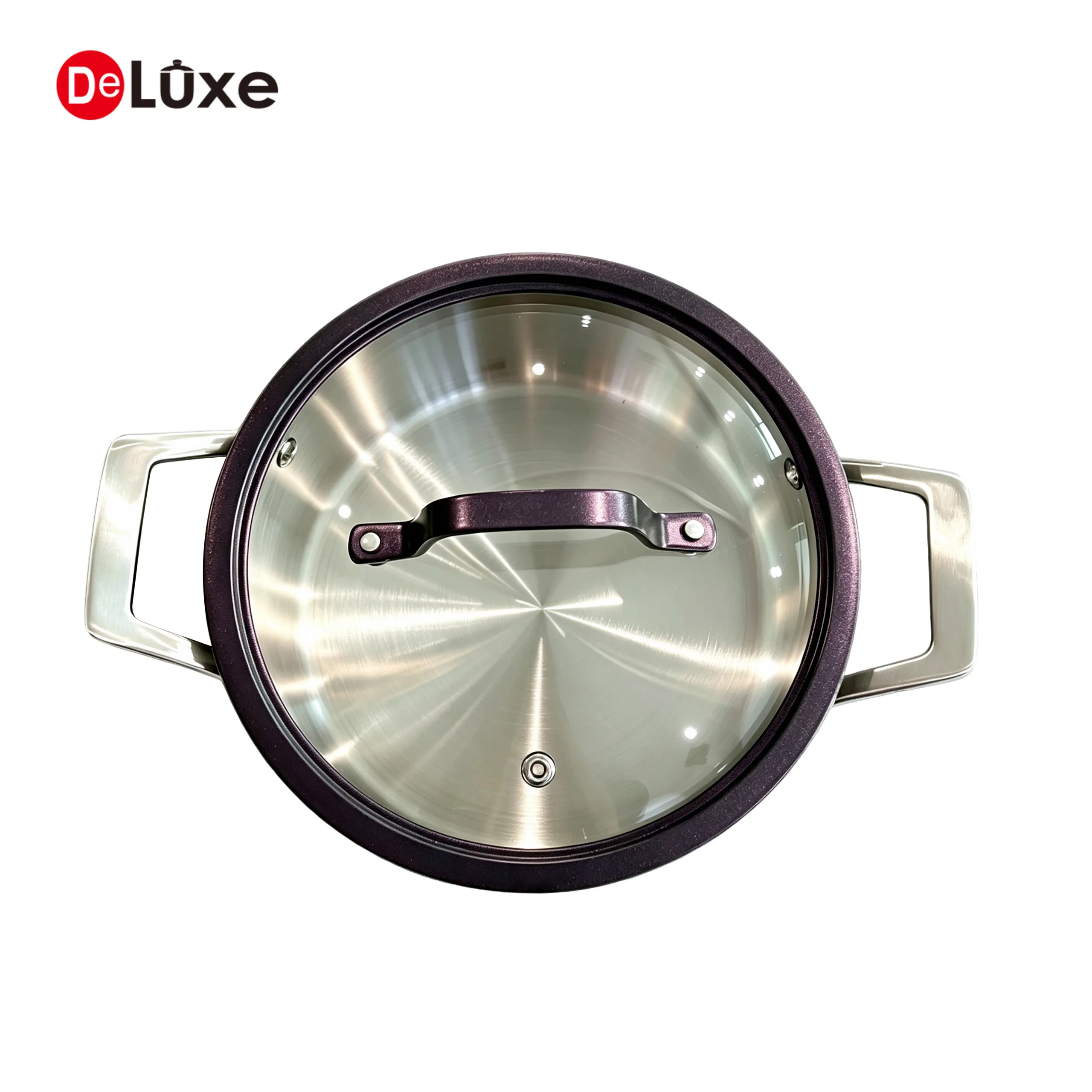 Top view of light purple 304 stainless steel stock pot with glass lid