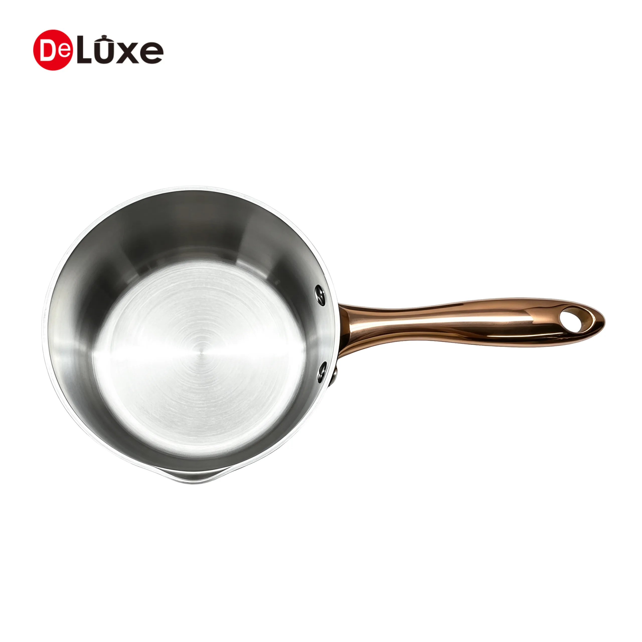 Top view of rose gold PVD 3-ply stainless steel saucepan, open interior
