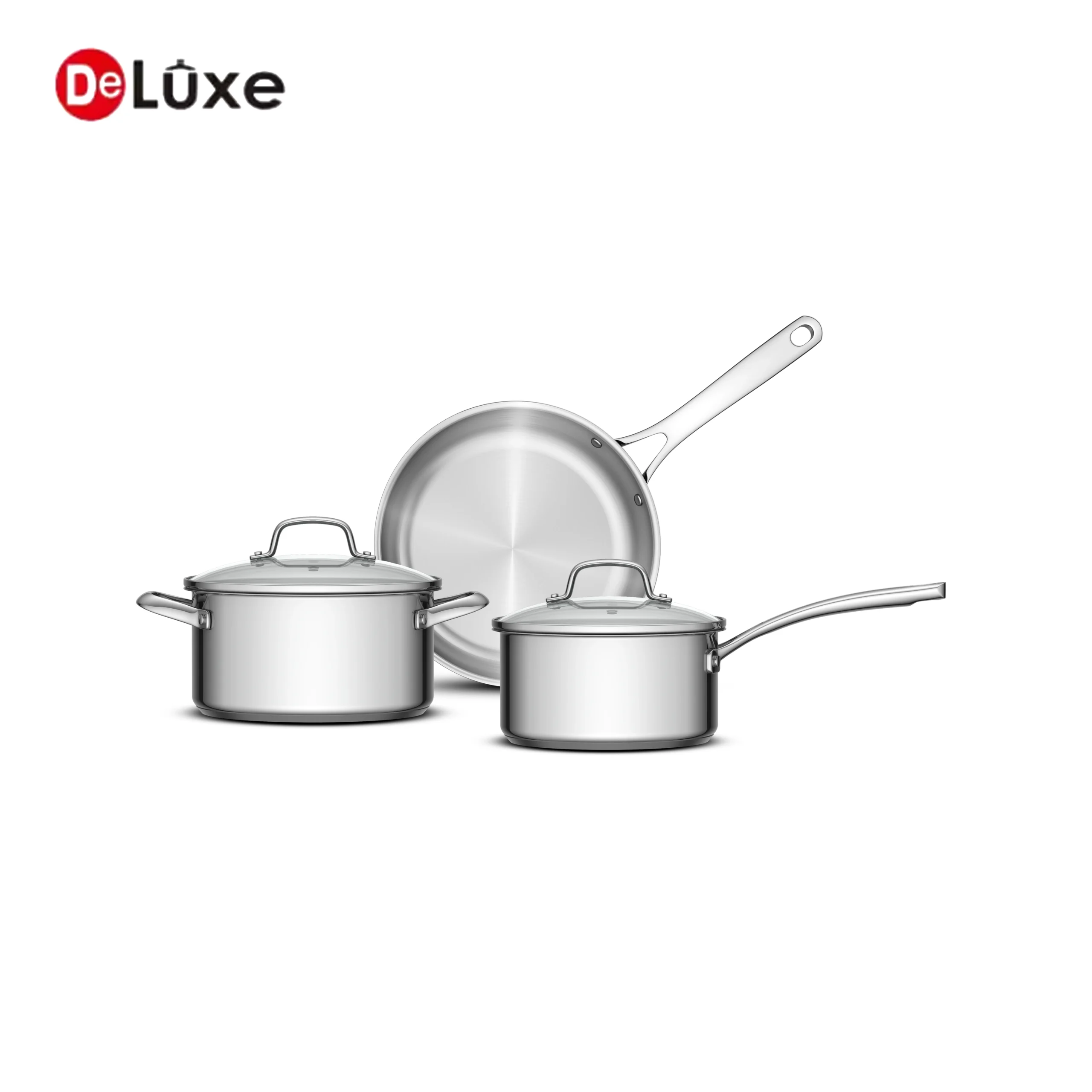 Deluxe 5-Piece Stainless Steel Saucepan Stock Pot Frying Pan Cookware Set with Glass Lids, hollow cast steel handle encapsulated aluminum bottom, works for gas and induction cooktops