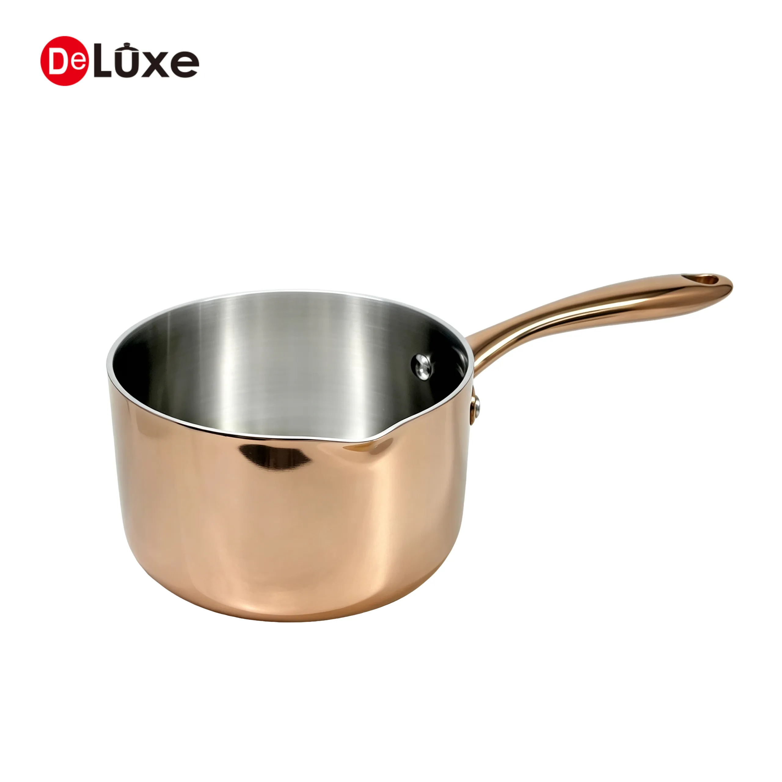 Side view 3-ply stainless steel saucepan without lid, rose gold PVD