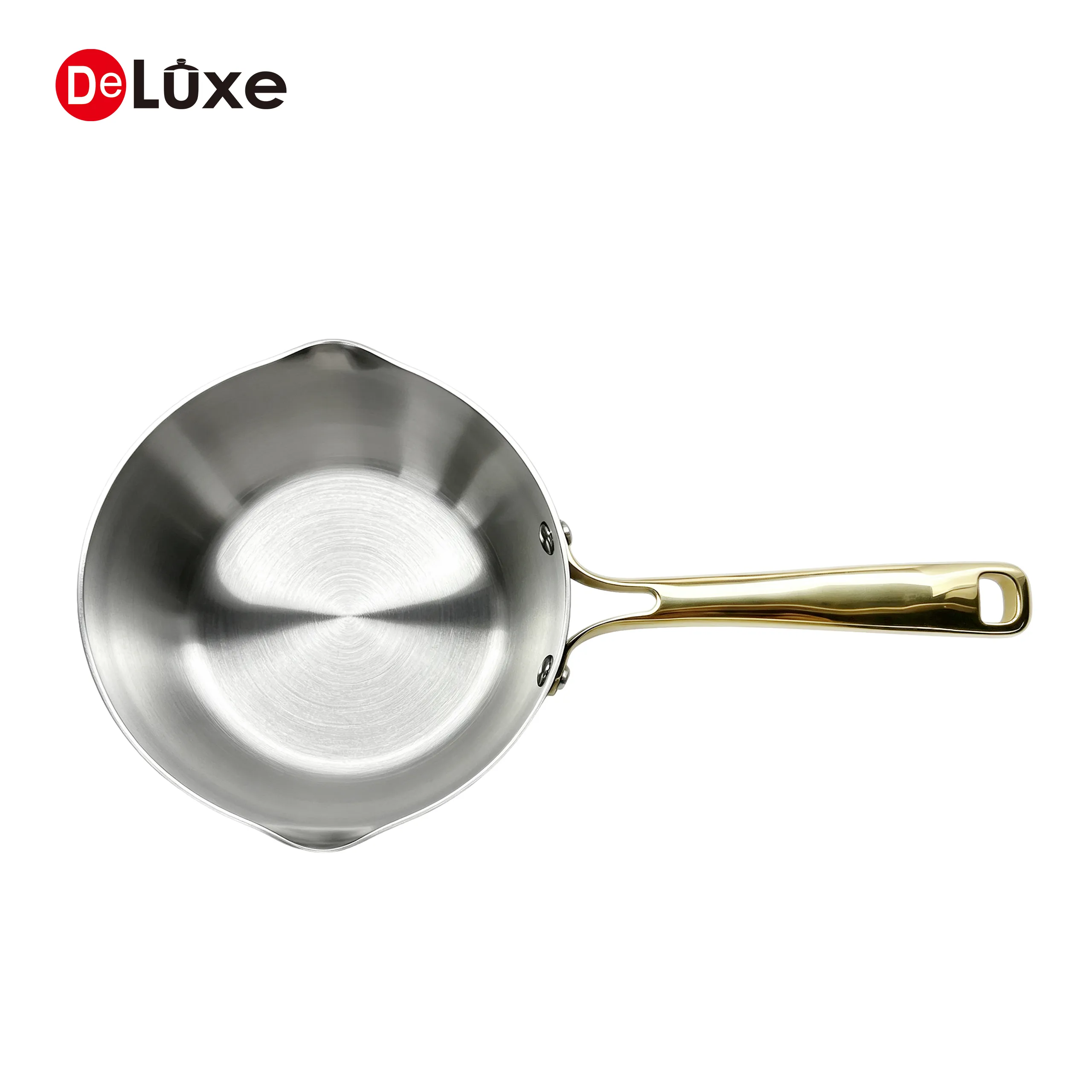 Top view interior 3-ply stainless steel saucepan with PVD handle
