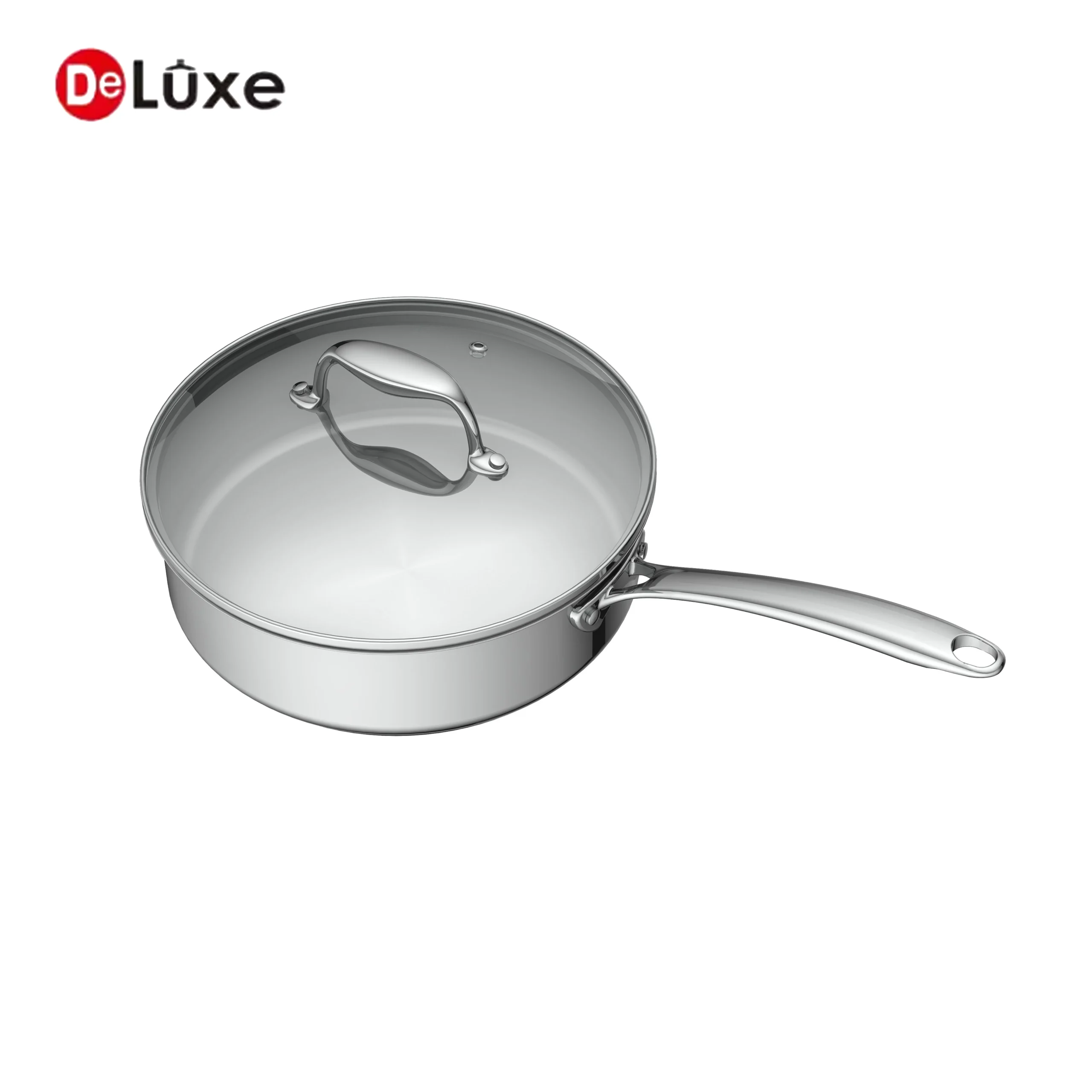 Deluxe 304 stainless steel saute pan with glass lid, suitable for gas and induction cooktops