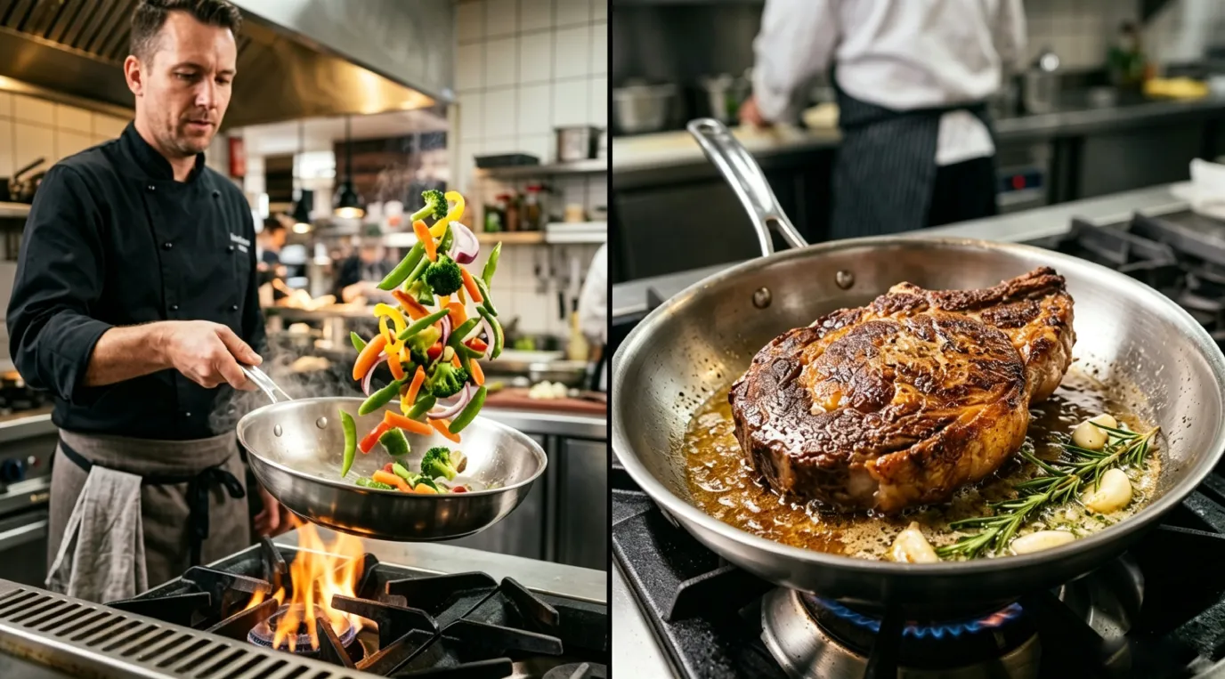Sautéing in lightweight 3 ply pan vs heavy-duty searing in 5 ply stainless steel pan.