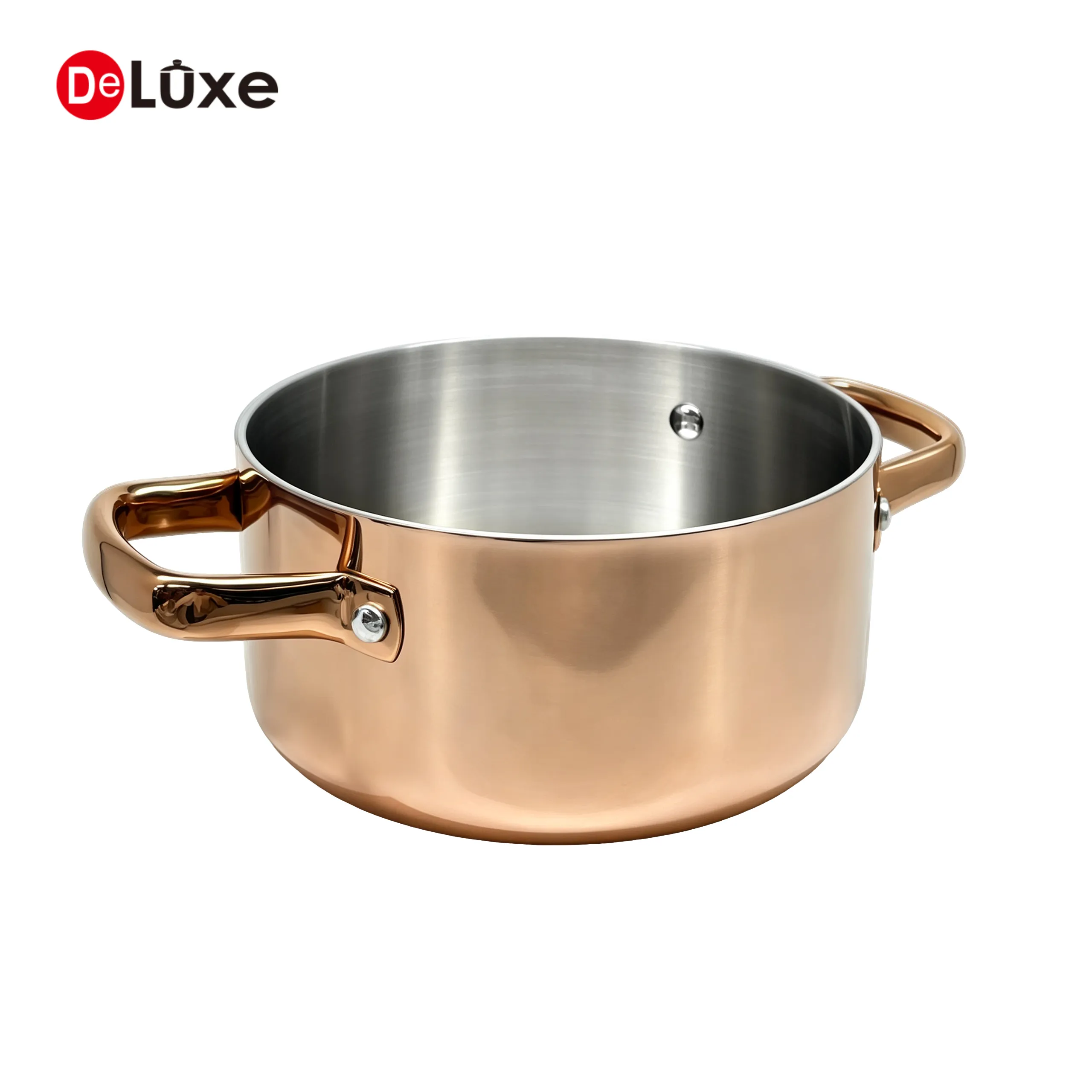 Side view 3-ply stainless steel stock pot without lid, rose gold PVD