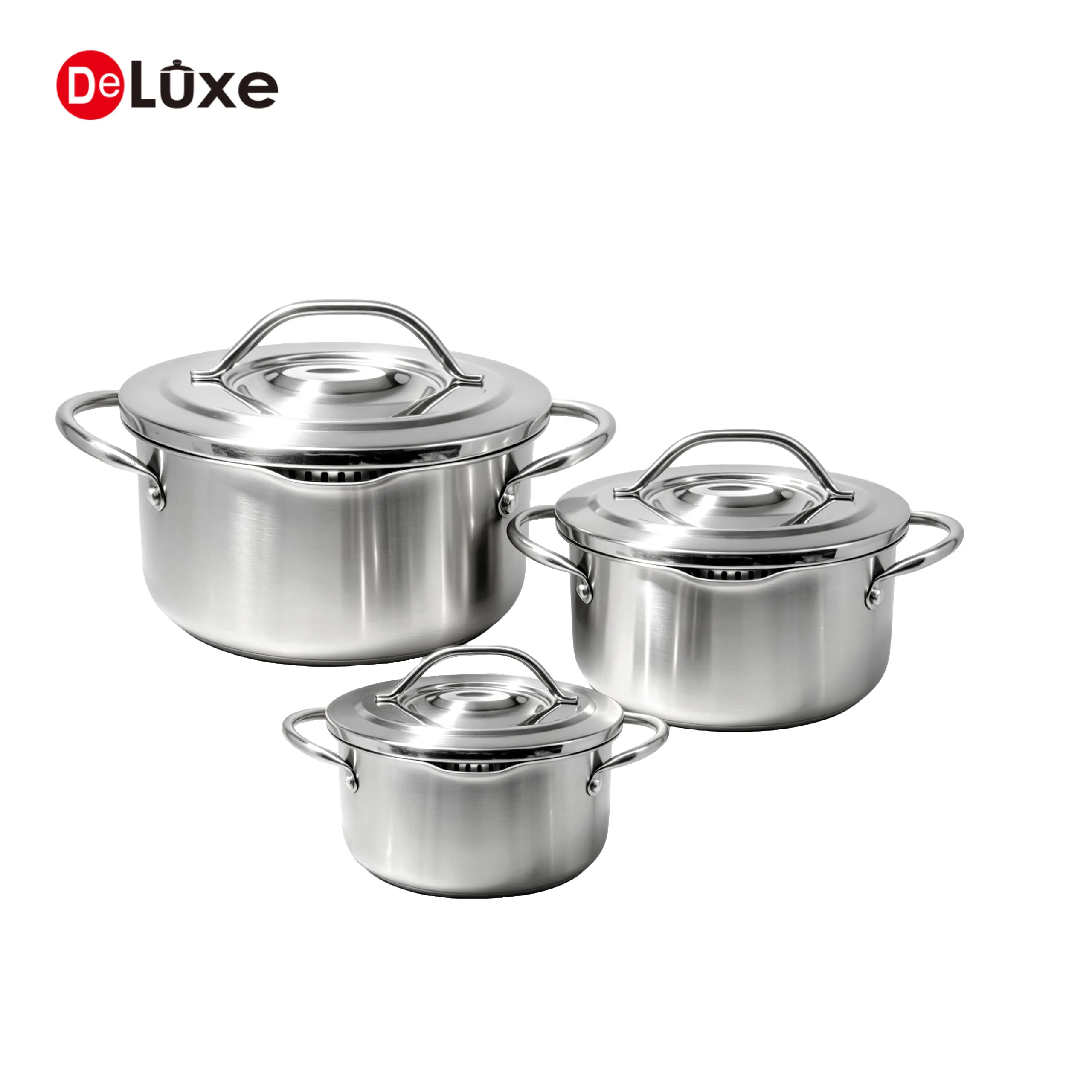 Straight body stainless steel stock pots set with pouring stainless steel lids