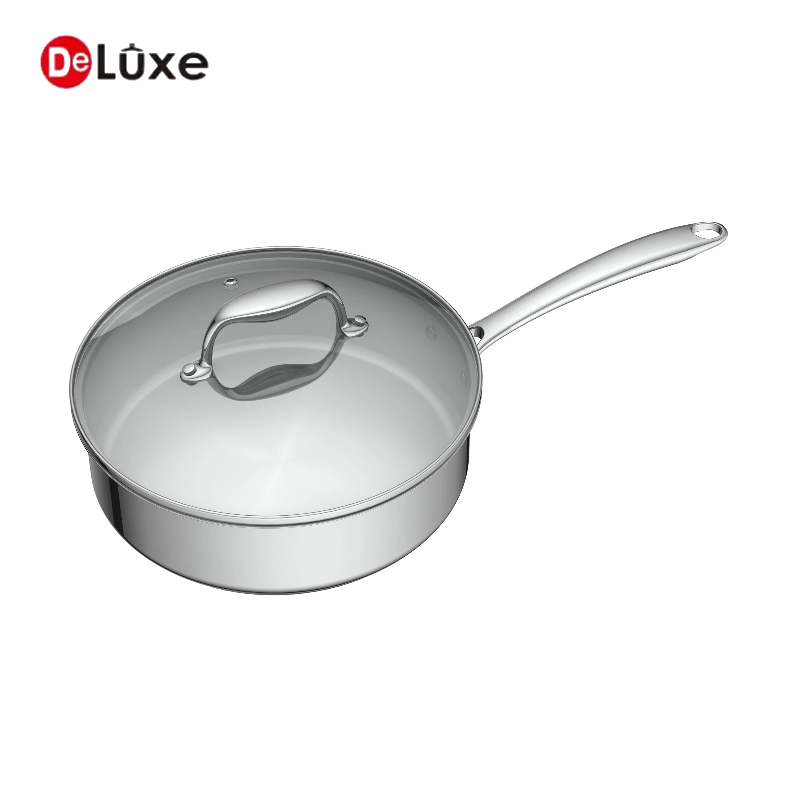 Deluxe 304 stainless steel saute pan with glass lid, suitable for gas and induction cooktops, custom solutions available