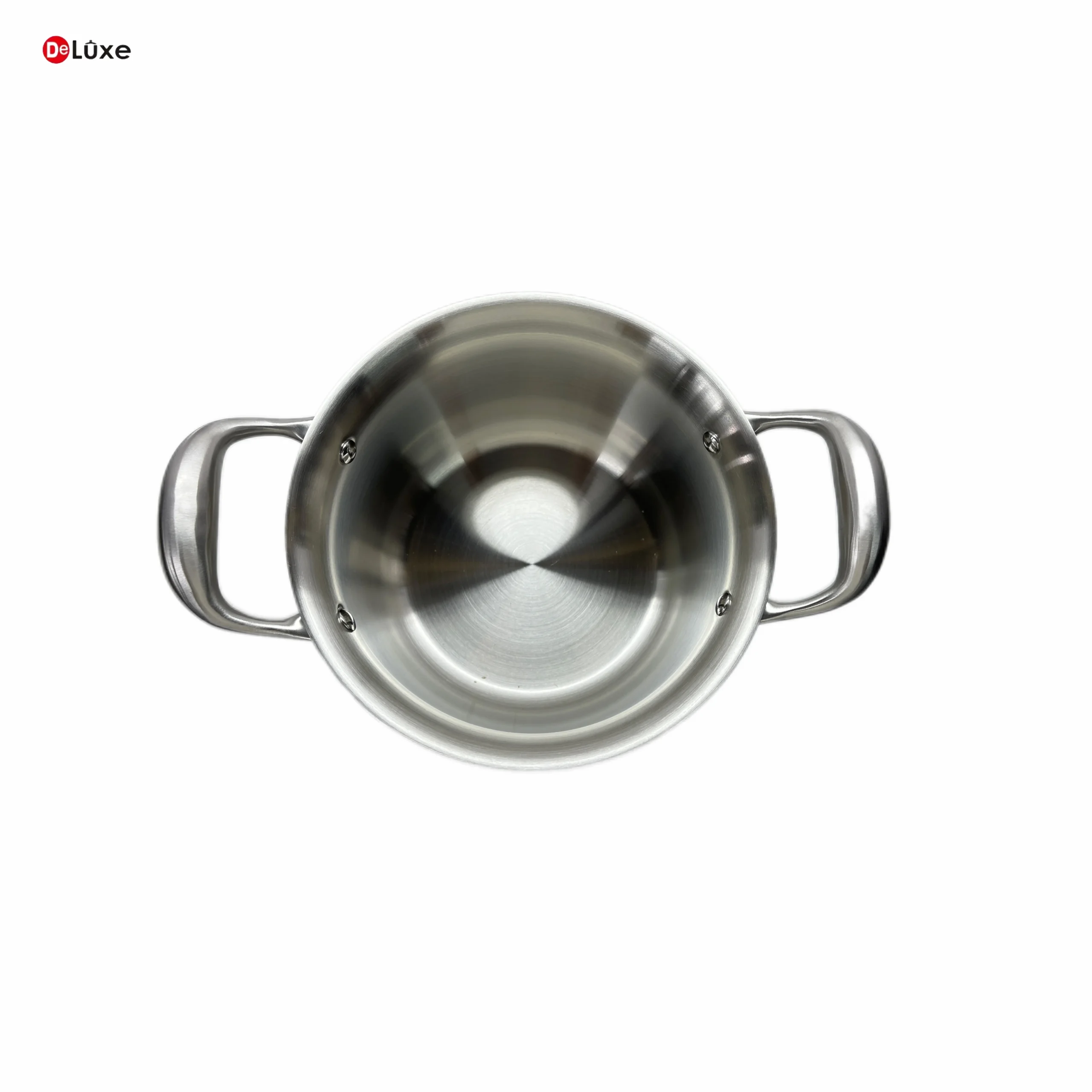 Deluxe top‑down view of 3‑ply stainless steel stock pot, smooth polished interior