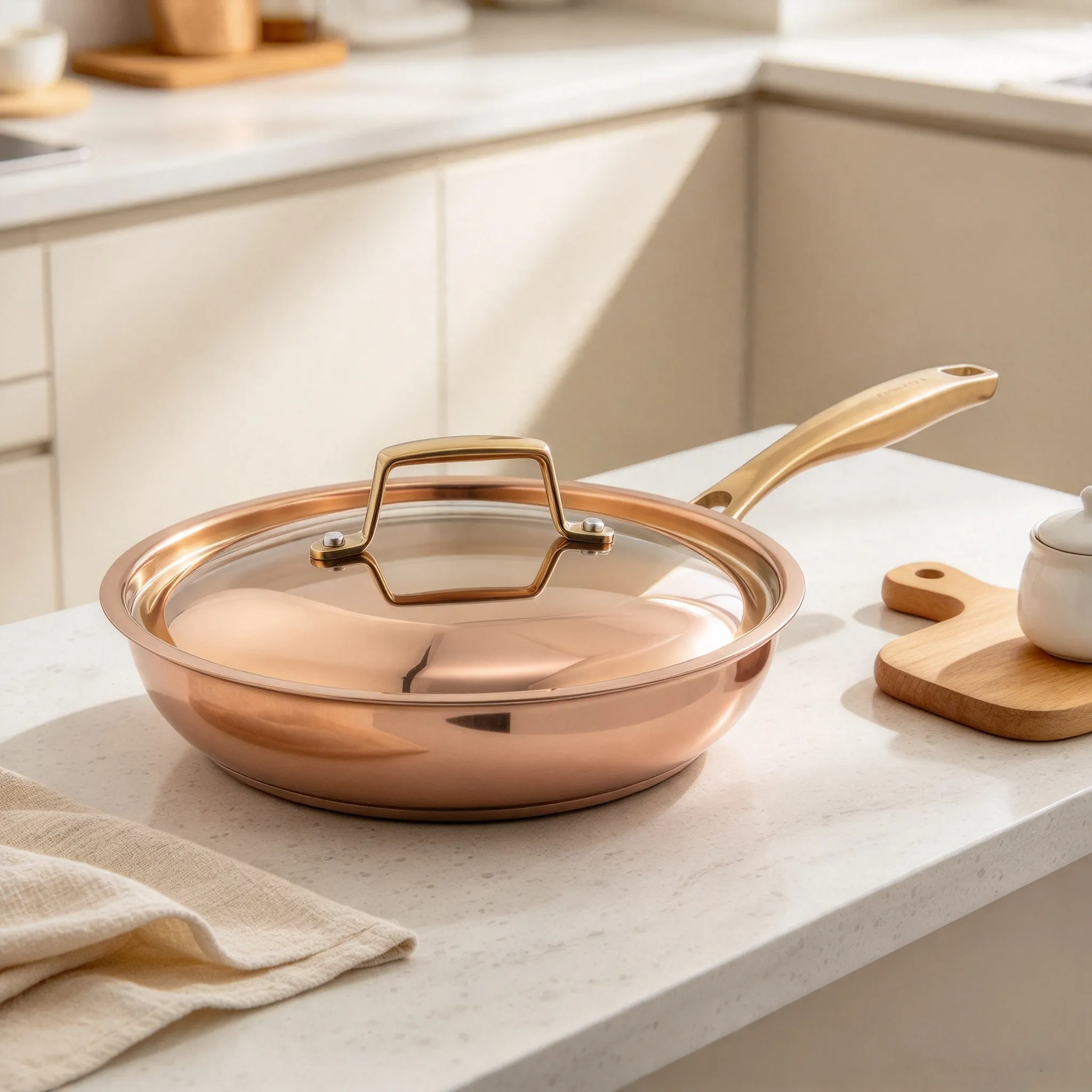 Gold stainless steel frying pan, luxury metal cookware wholesale kitchen scene