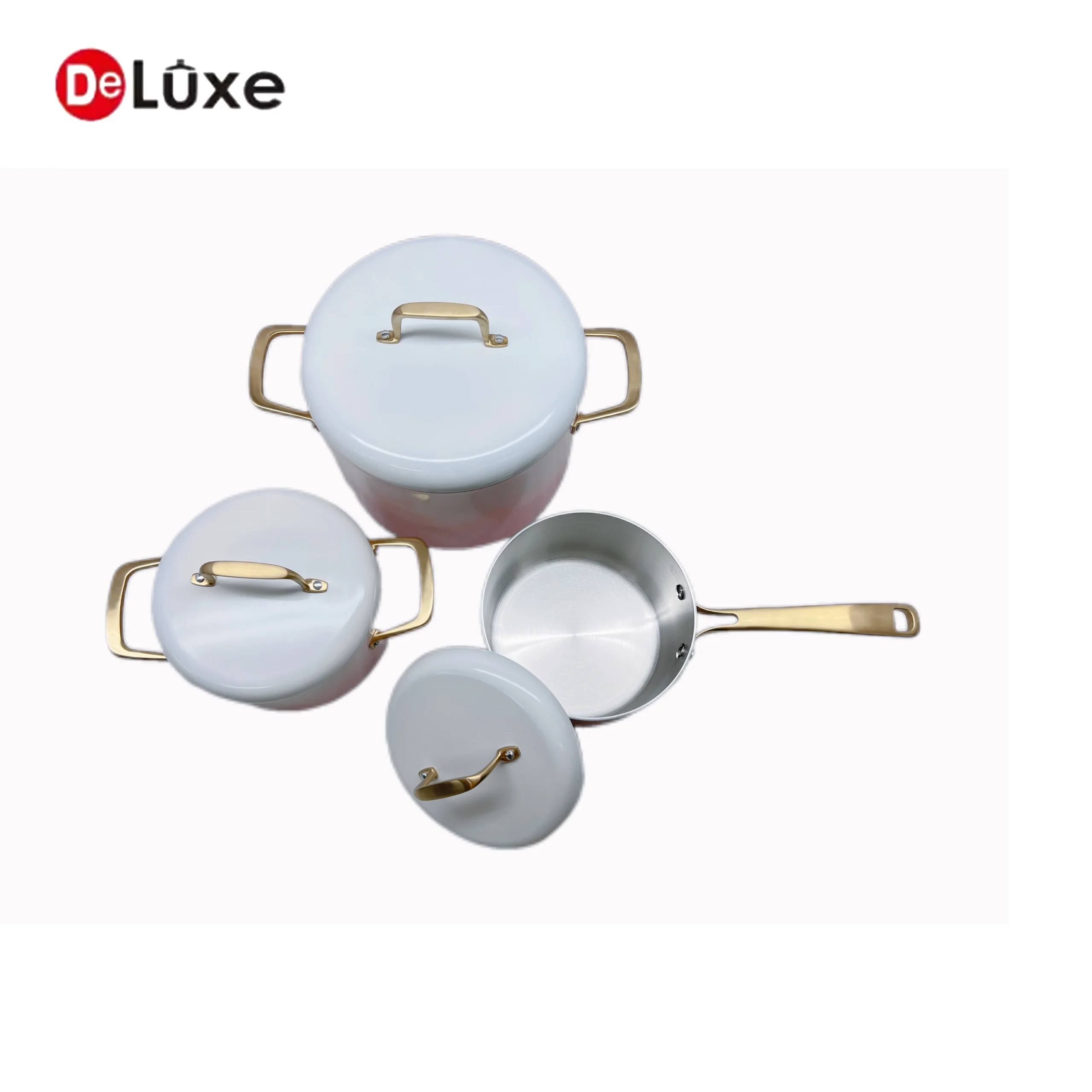 Deluxe top view of 6-piece pink gradient stainless steel cookware set, saucepans and double ear stock pots