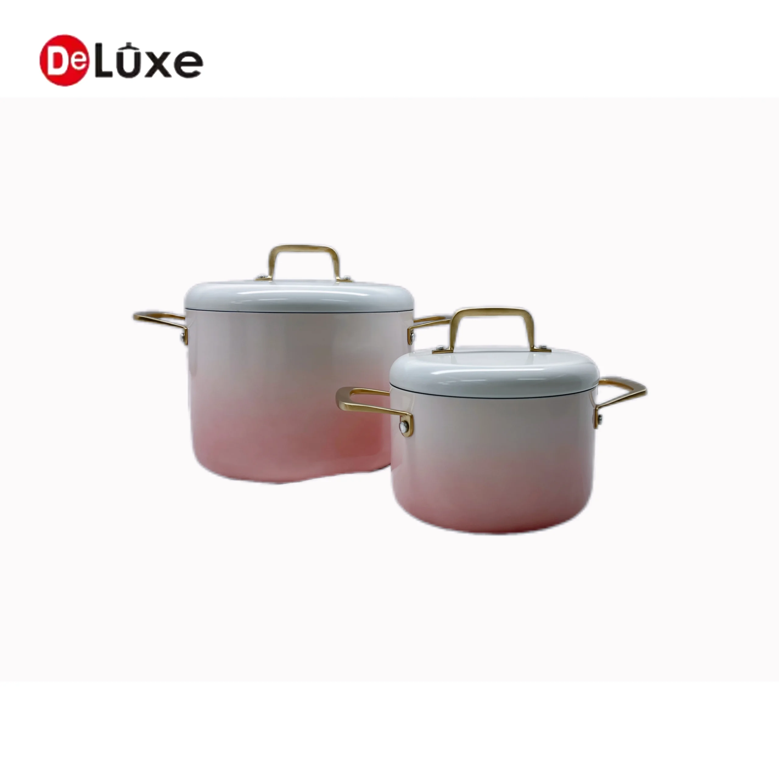 Deluxe pink gradient straight double ear stainless steel stock pots with white lids and gold hollow cast steel handles