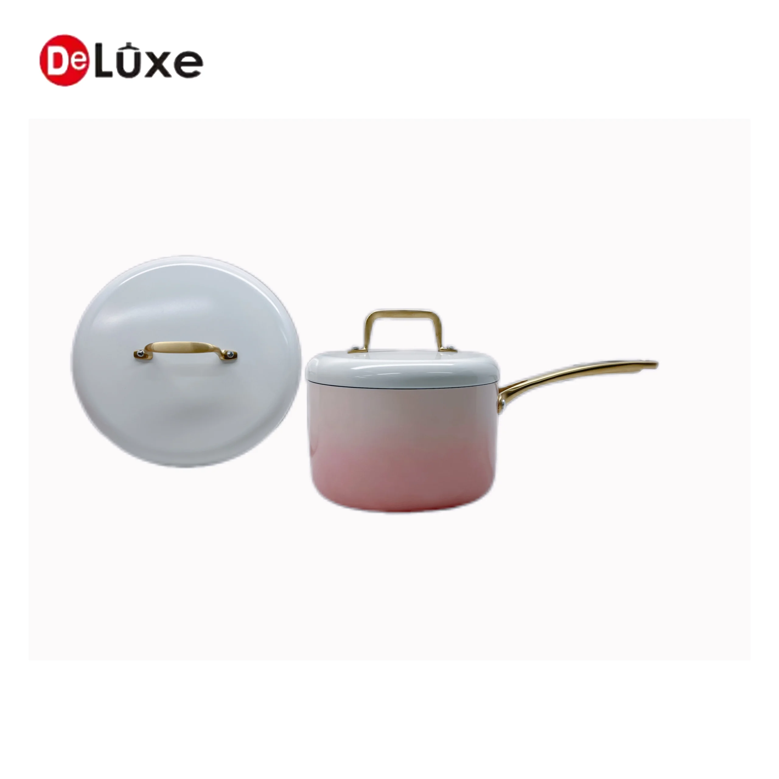 Deluxe fashion pink gradient stainless steel saucepan, 3-layer composite body with white lid and gold handle