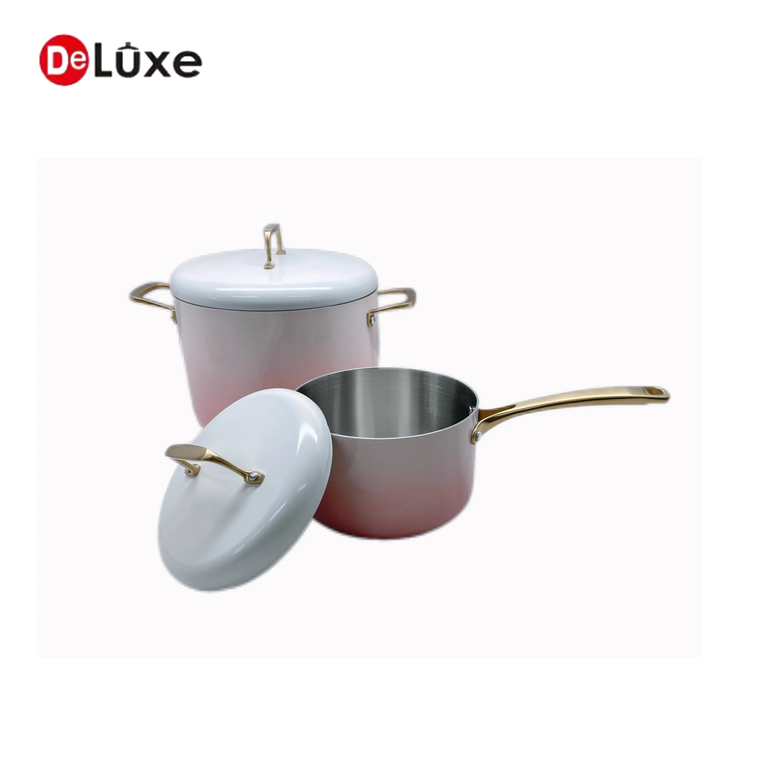 Deluxe pink gradient stainless steel saucepan and double ear stock pot set with white lids