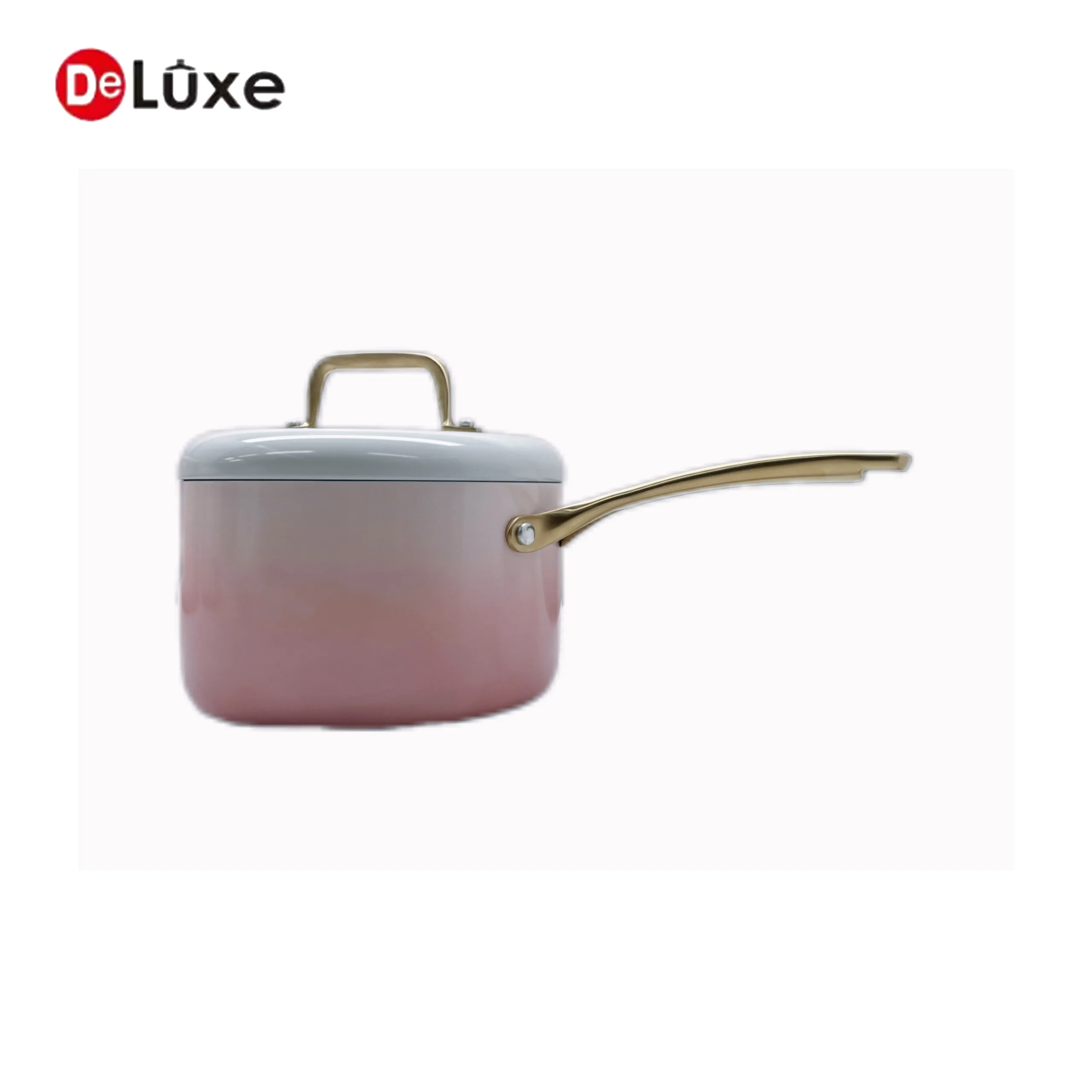 Deluxe pink gradient straight stainless steel saucepan with white lid and champagne gold hollow cast steel handle