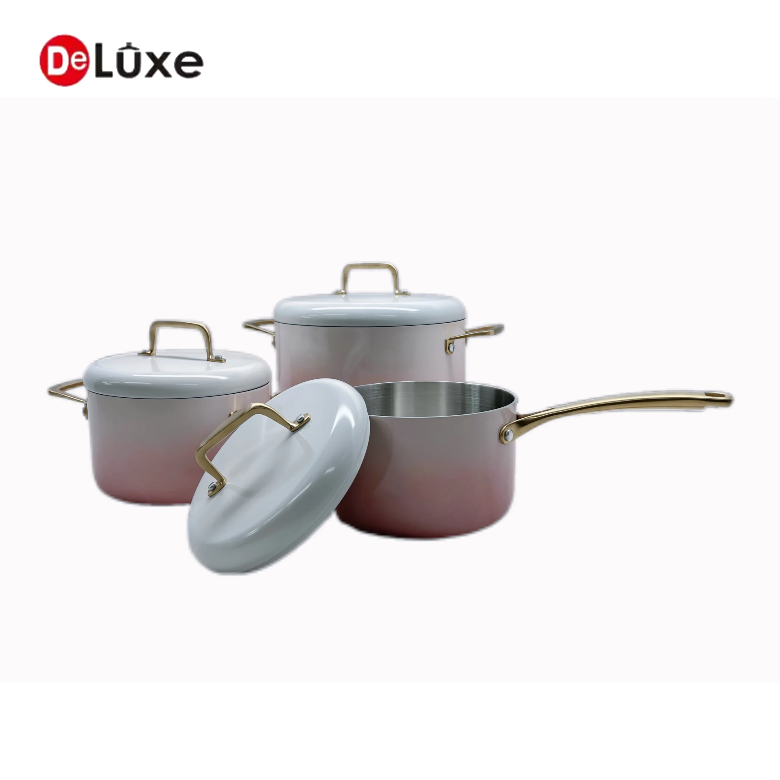 Deluxe 6-piece pink gradient stainless steel cookware set, saucepan and stock pots with white lids and gold handles
