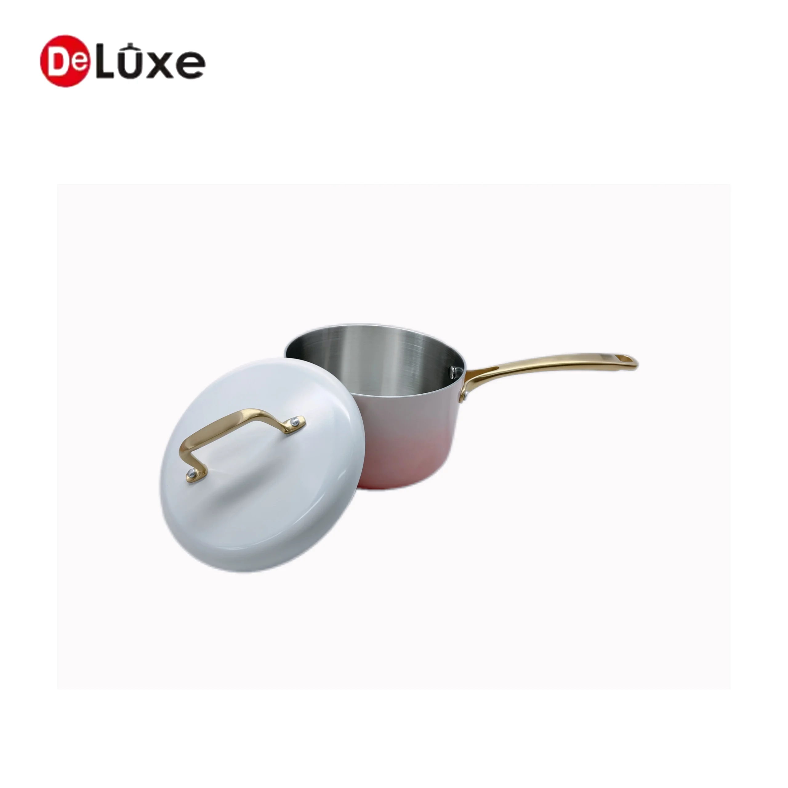 Deluxe Pink Gradient 3-layer composite stainless steel saucepan with white lid and champagne gold hollow cast steel handle
