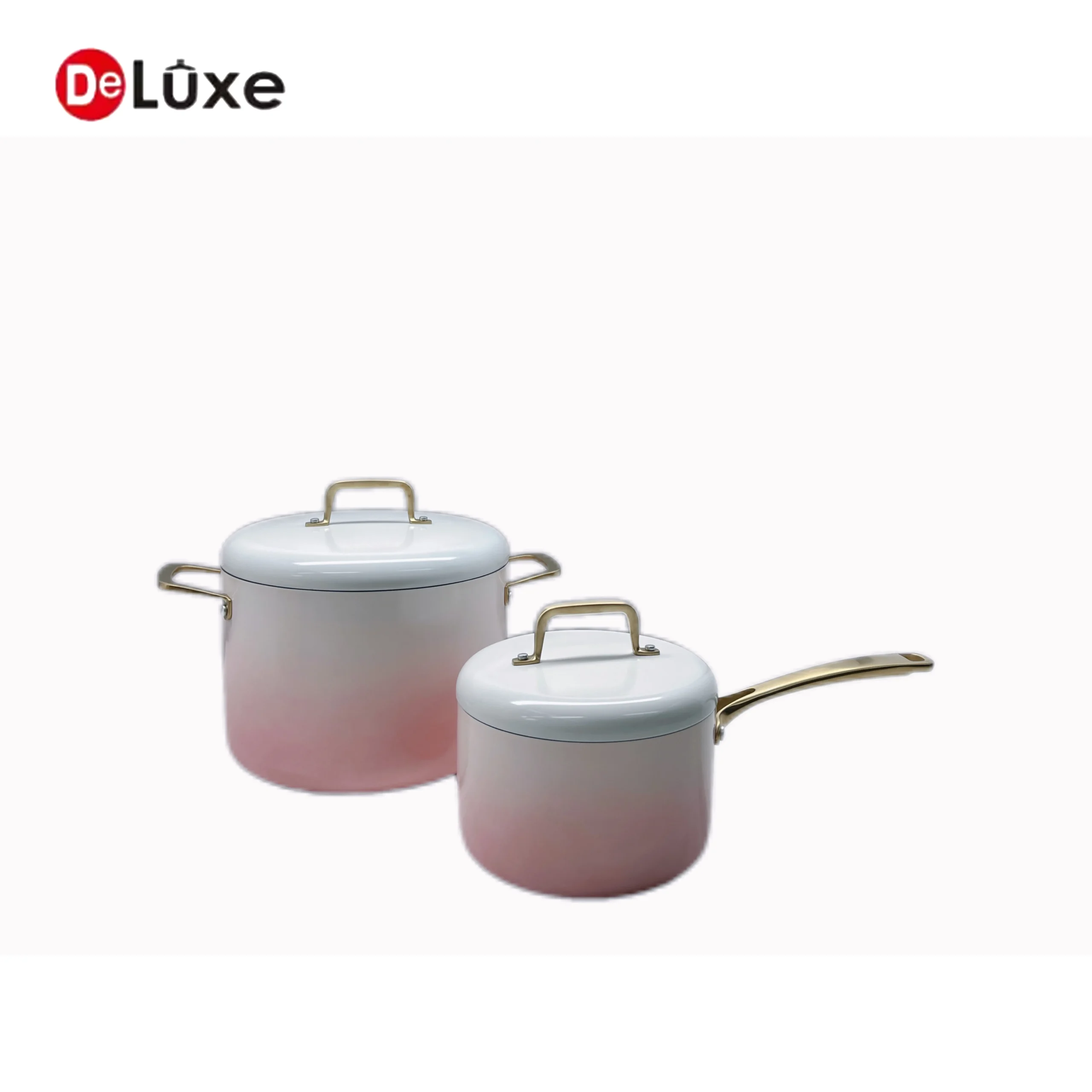 Deluxe pink gradient stainless steel stock pot and saucepan set with white lids and champagne gold handles