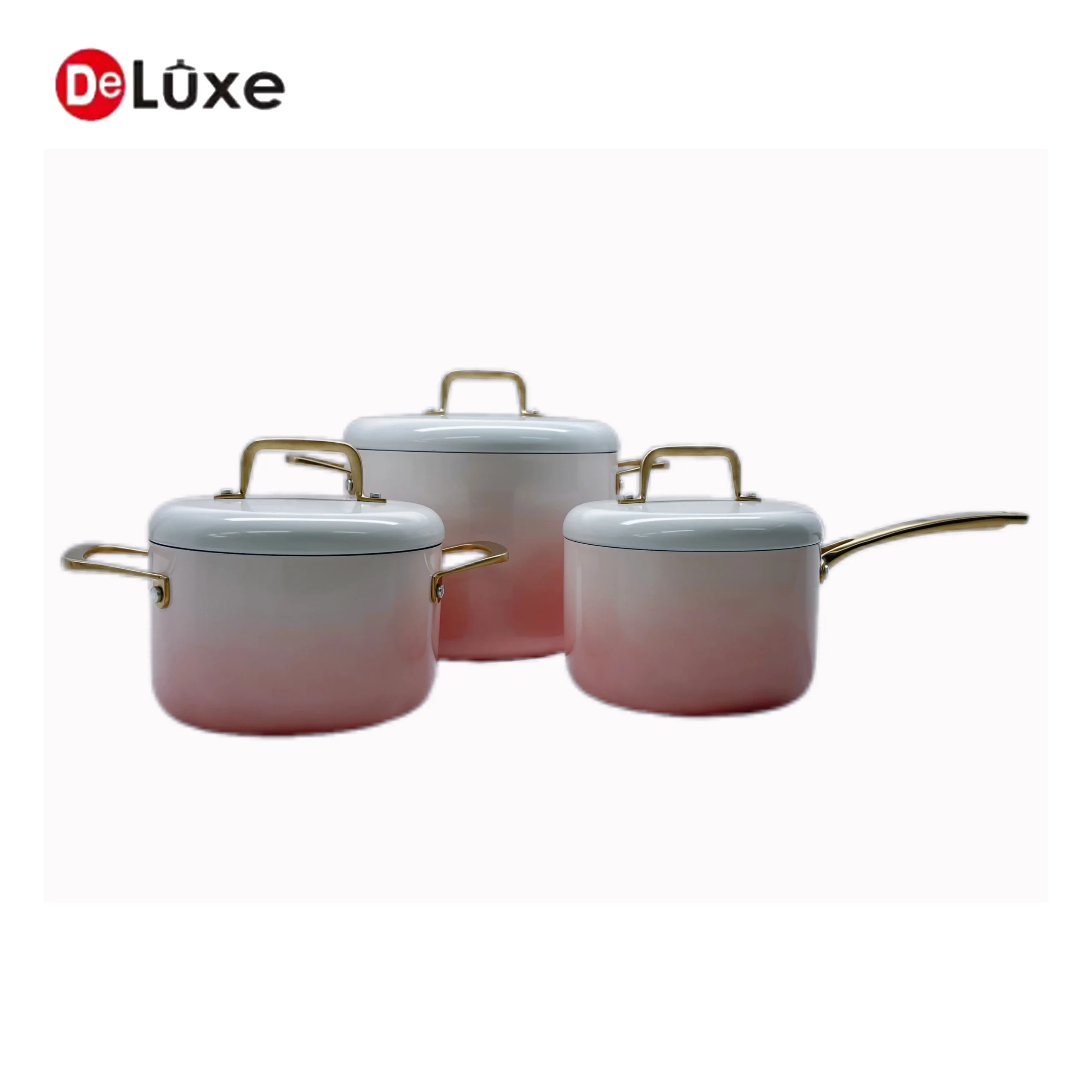 Deluxe pink gradient 3-ply stainless steel cookware collection with champagne gold hollow cast steel handles and white matching lids