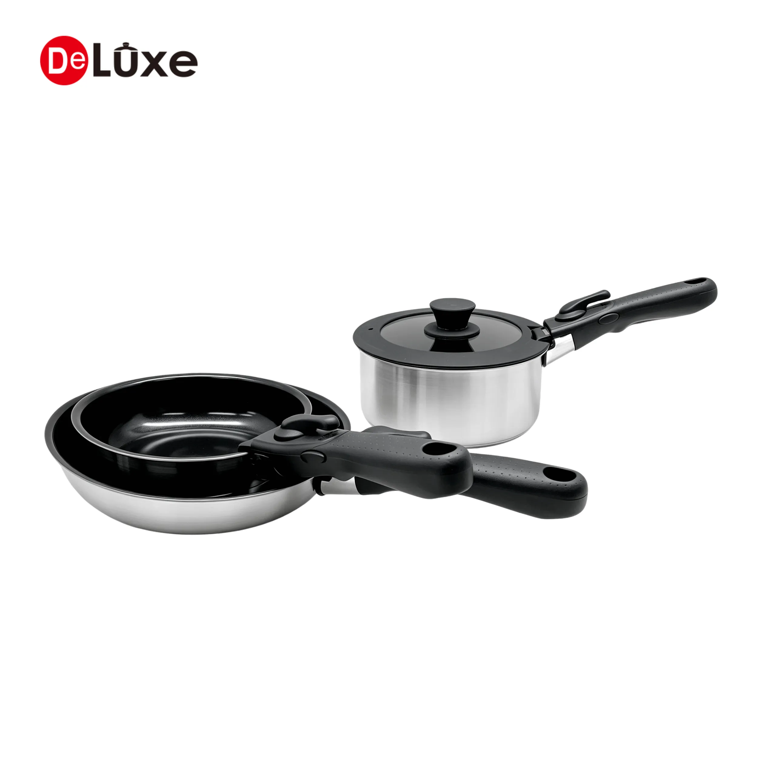 Stackable 304 stainless steel cookware set with ceramic non-stick frying pan and detachable handle