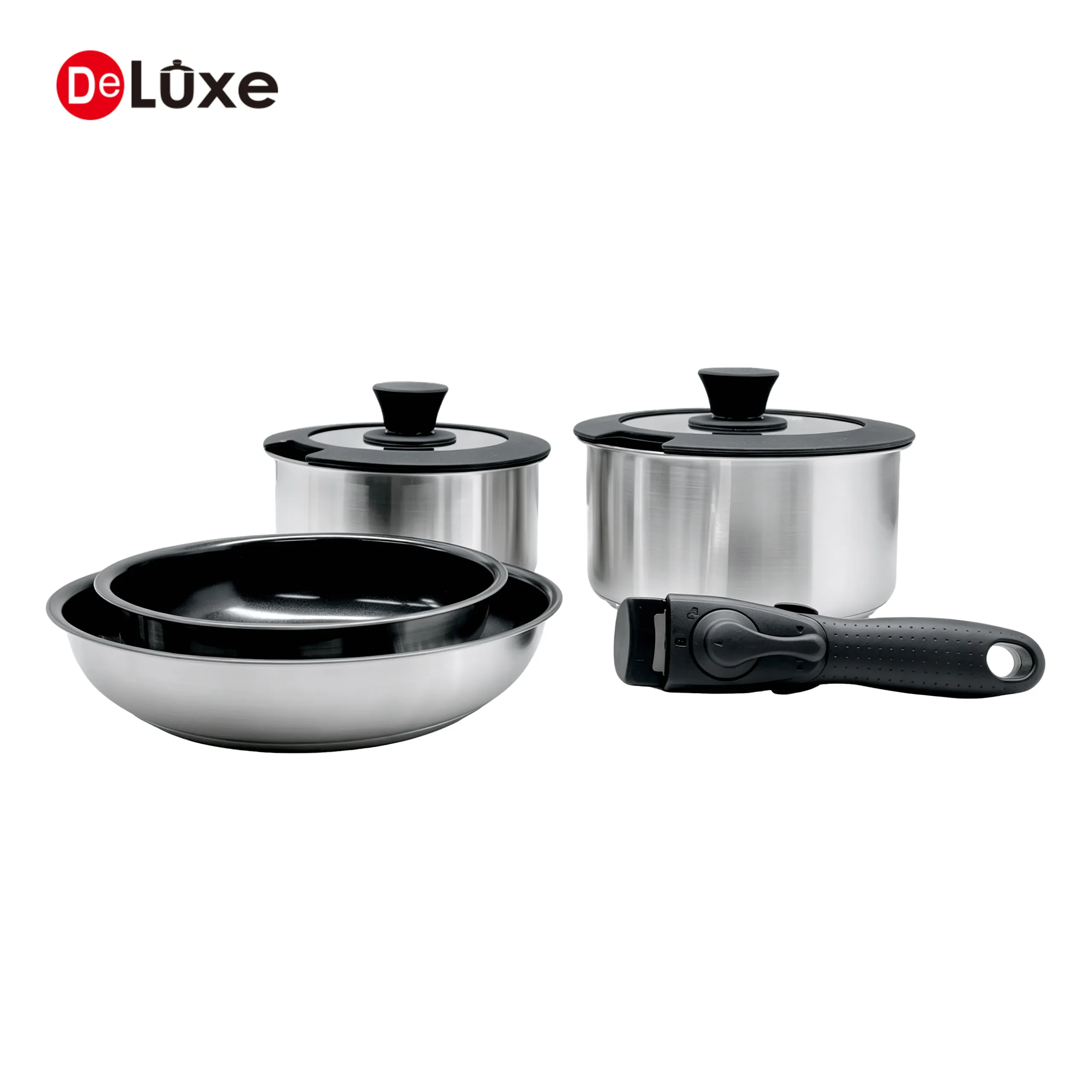 Deluxe stackable 304 stainless steel pots and pans with detachable handle, ceramic non-stick frying pan