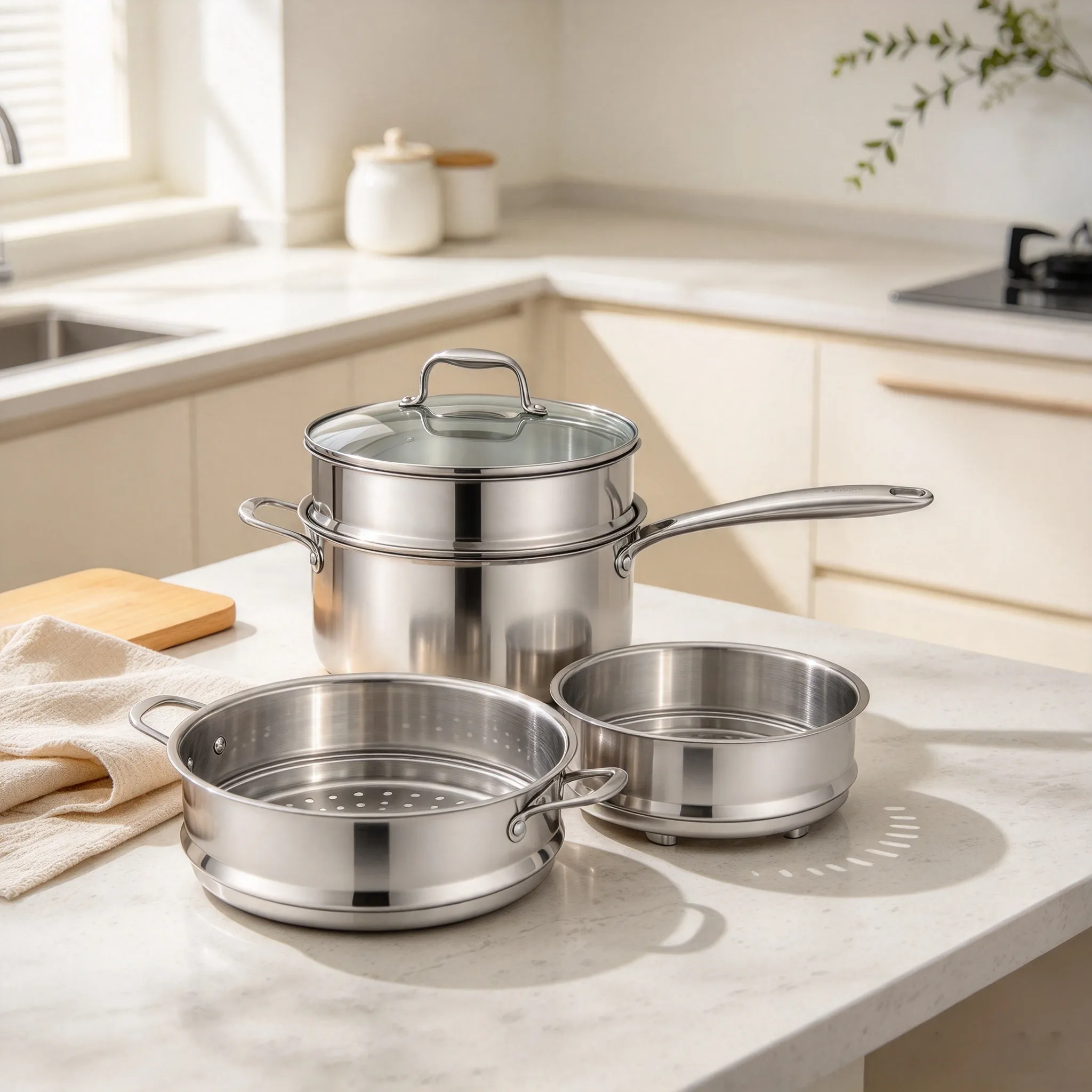 Multi-layer stainless steel steamer pot, wholesale kitchen cookware product photo, warm kitchen counter display