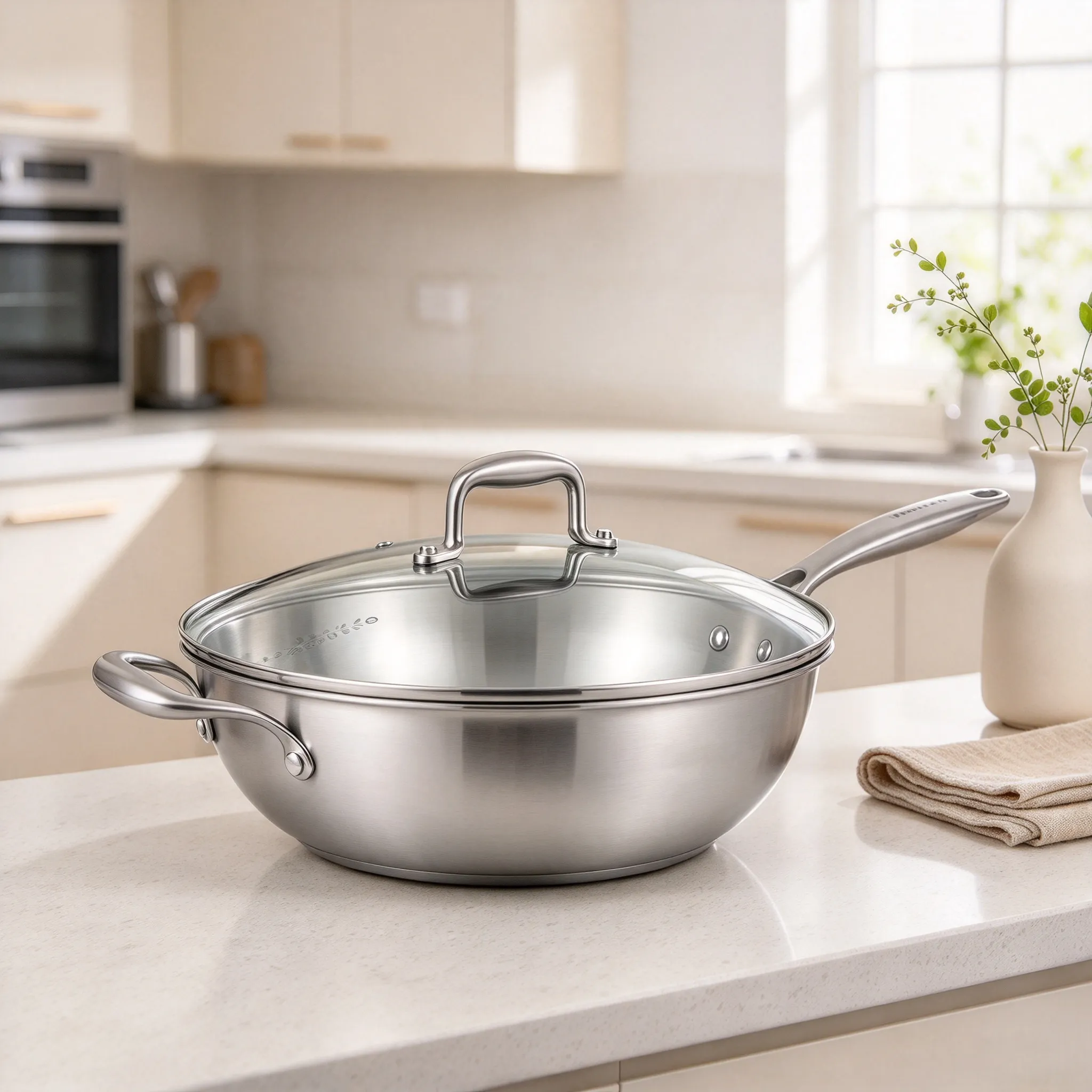 Stainless steel wok pan, commercial home cookware for wholesale, kitchen scene shot