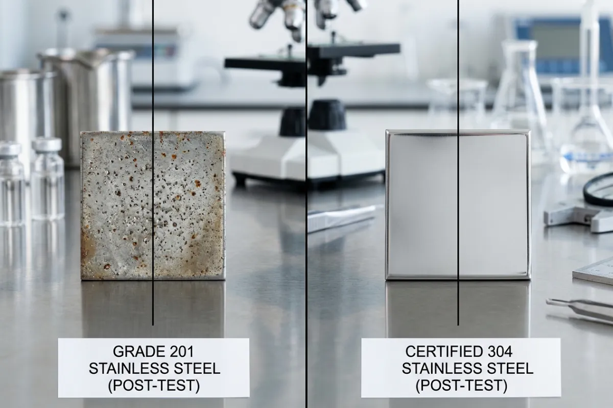 Corrosion resistance comparison showing 304 stainless steel cookware versus 201 steel.