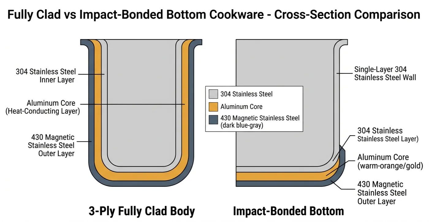 Fully clad and impact-bonded bottom stainless steel cookware construction comparison