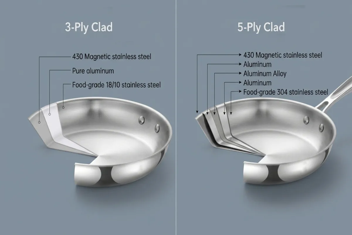 Technical cross-section comparison between 3 ply vs 5 ply cookware layers