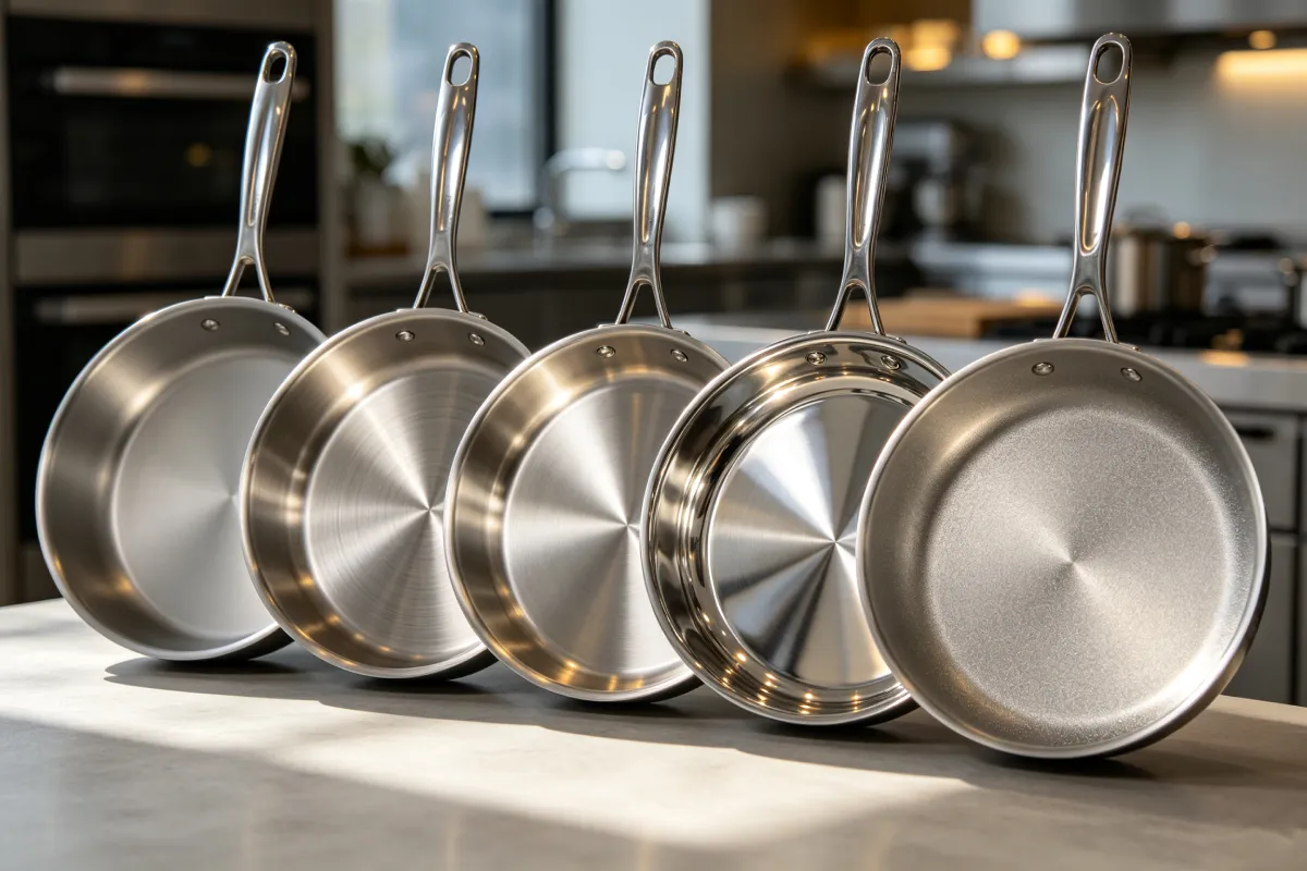 Collection of 304 stainless steel pans demonstrating different cookware surface treatments on kitchen counter