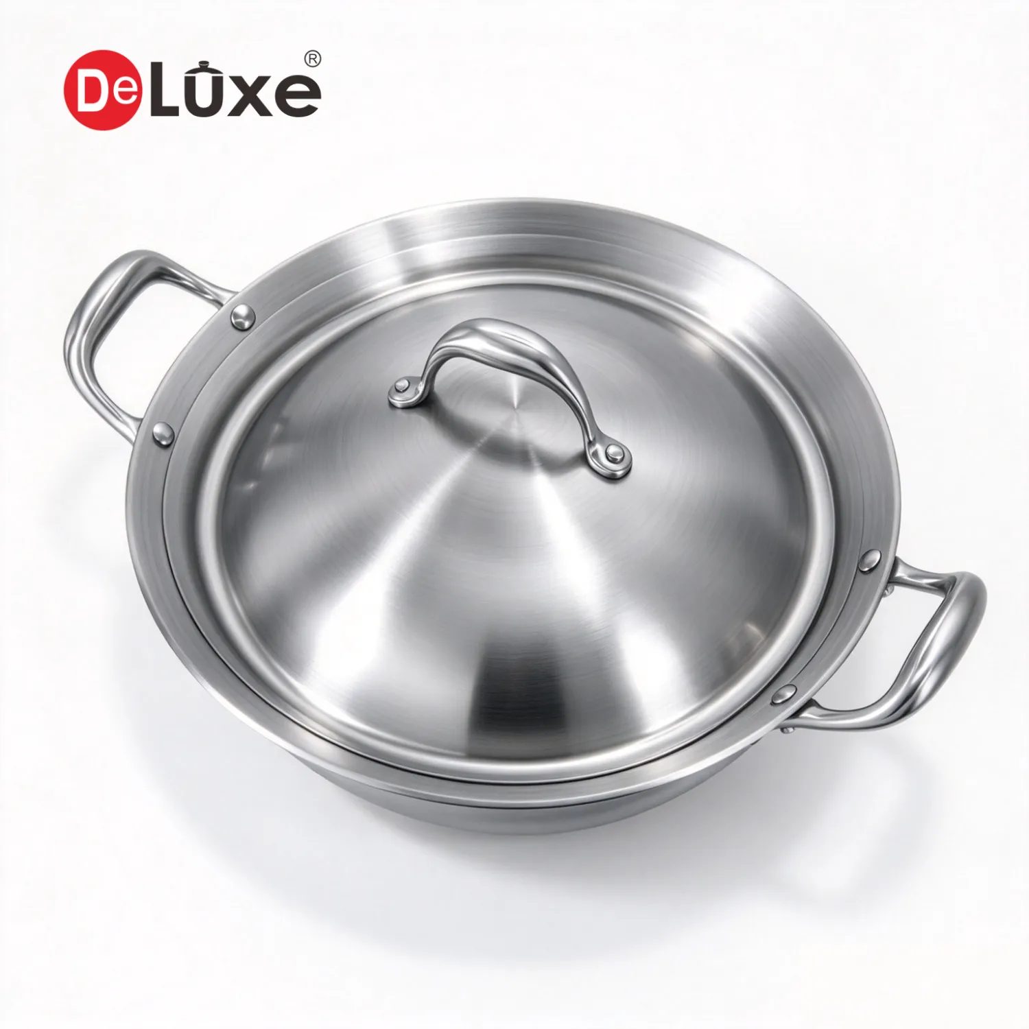 Deluxe 5-Ply Stainless Steel Wok with SS304 Lid, Suitable for Gas and Induction Cooktops