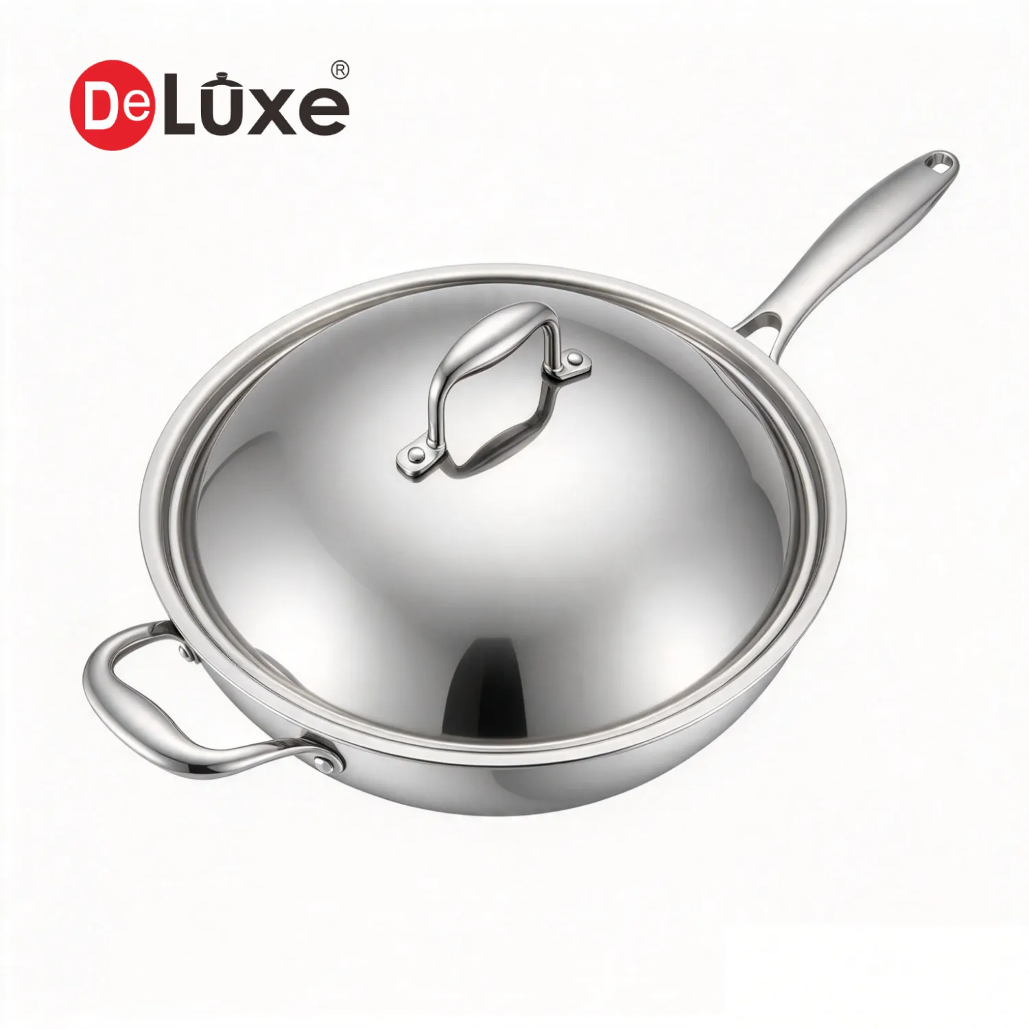 Deluxe 32cm 5-ply 304 Stainless Steel wok with SS304 lid, suitable for str-fring