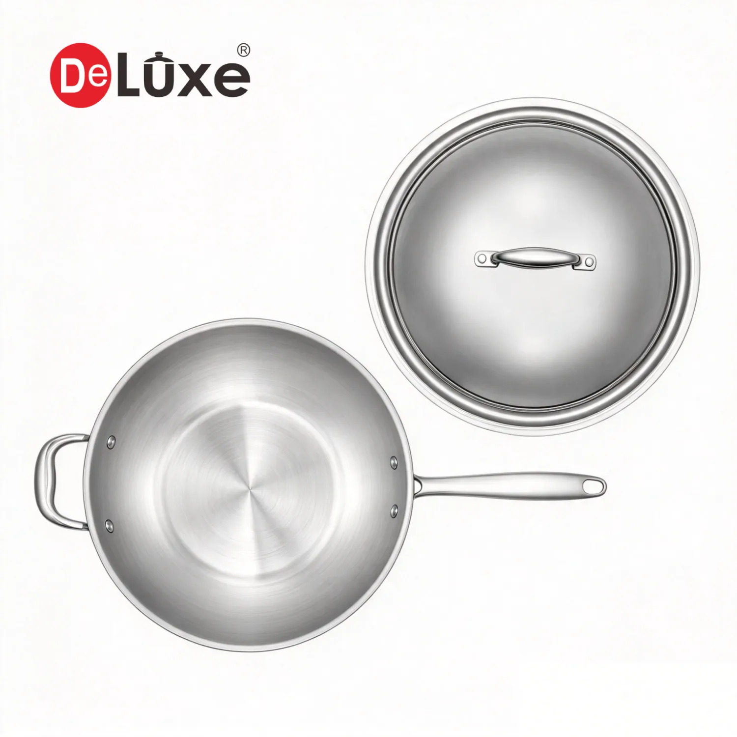 Top view of Deluxe 32cm 5-ply 304 Stainless Steel wok with SS304 lid