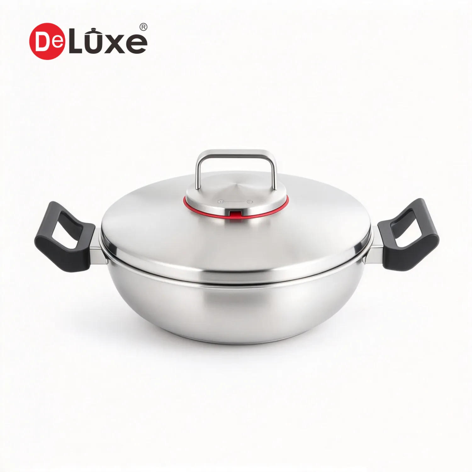 Deluxe 5-Ply Stainless Steel Wok with Glass Lid and Bakelite Handles for Gas and Induction Cooktops