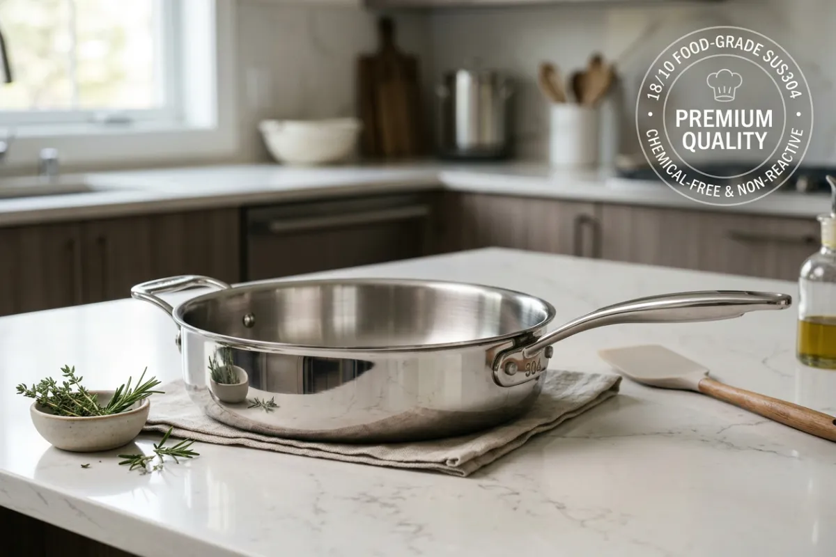 Premium 304 stainless steel cookware pan highlighting food grade material composition.