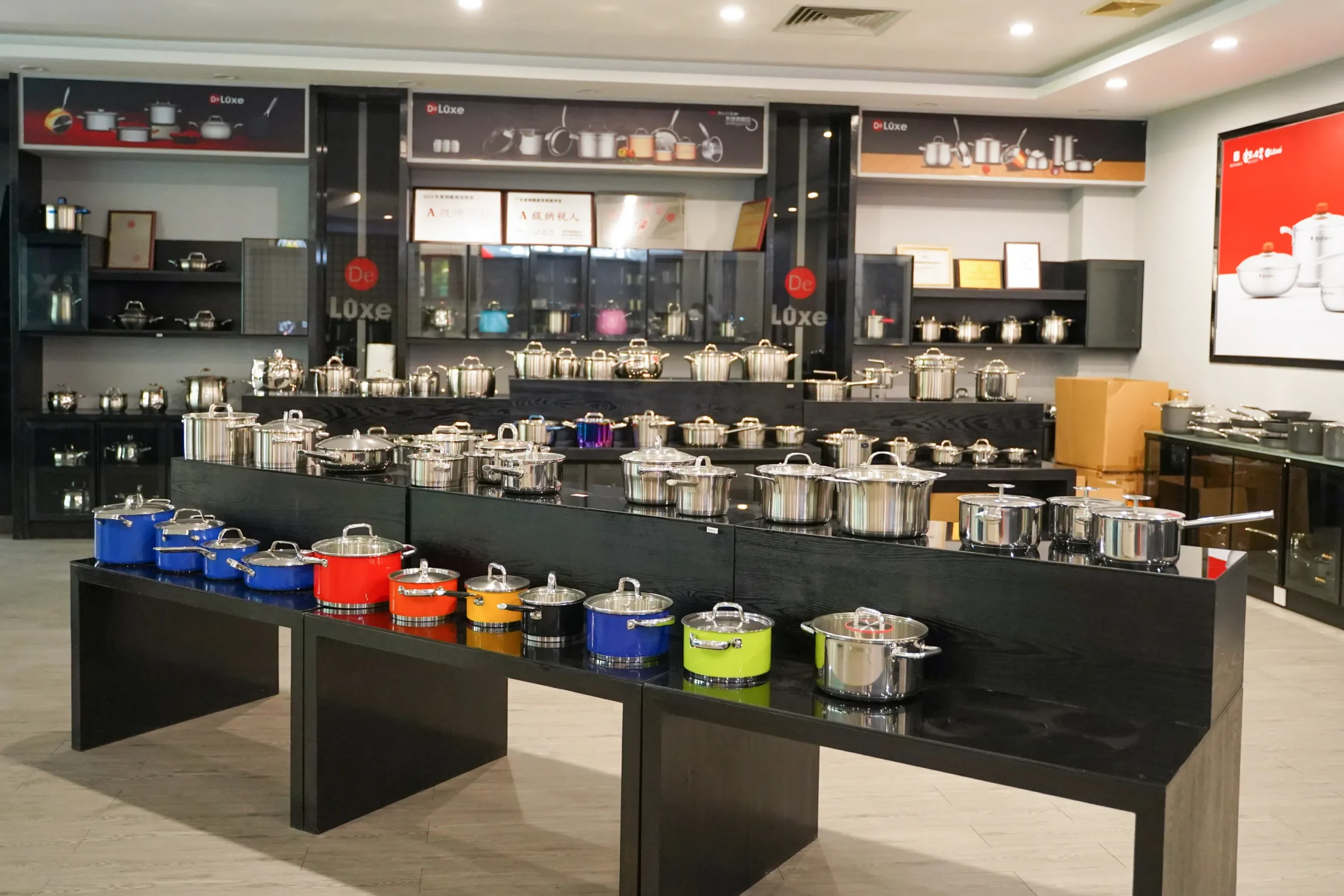 Cookware showroom with various stainless steel pot samples for OEM ODM custom kitchenware wholesale