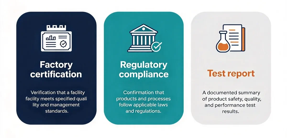 3 column infographic for cookware factory certification, regulatory compliance and test report