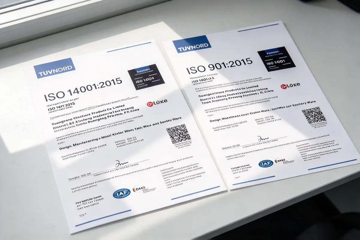 Overhead flat lay photo of ISO9001 and ISO14001 certificates on grey desk for Deluxe cookware factory compliance