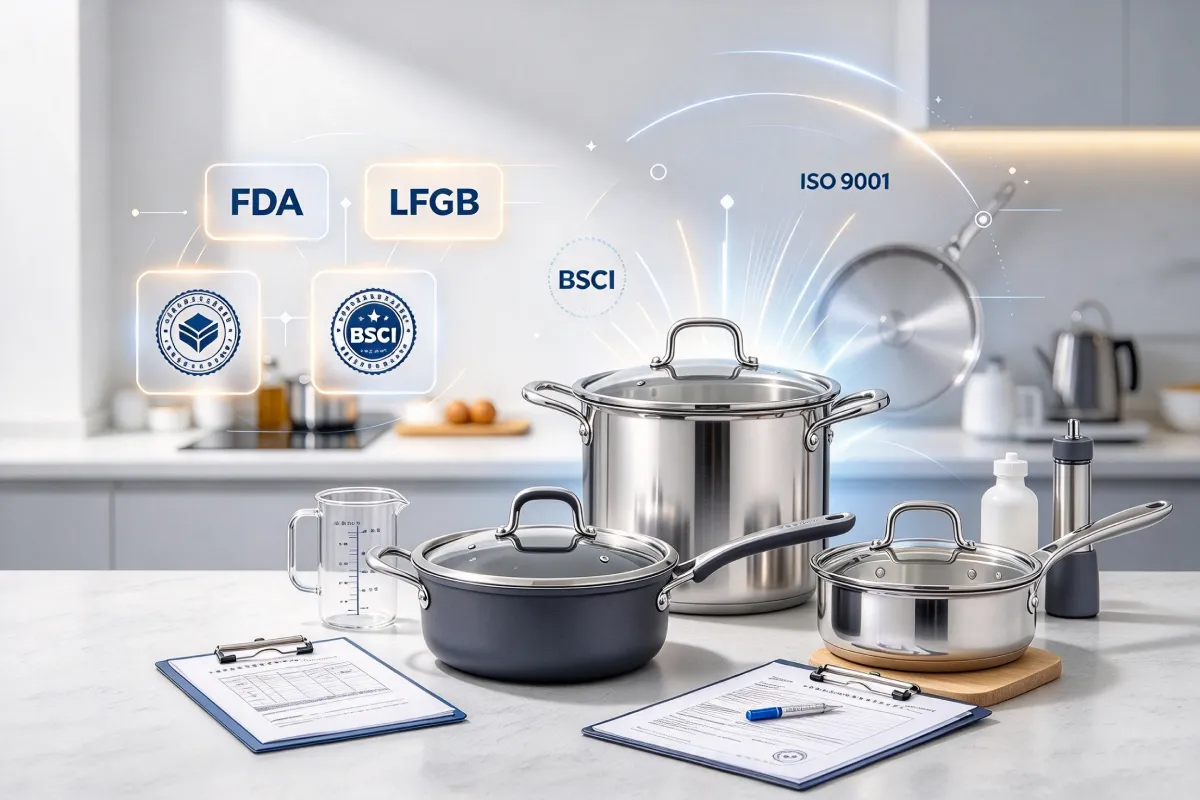 Flat lay of stainless steel cookware with FDA and LFGB certification marks on kitchen counter
