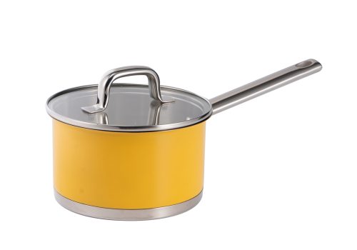 Bright yellow coated stainless steel single handle saucepan with solid cast steel handle & tempered glass lid