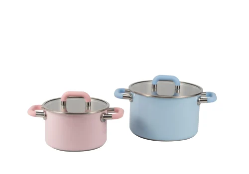 Deluxe Paris pink and blue stainless steel cookware set with glass lids