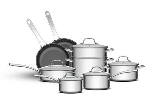 Deluxe stainless steel cookware set with glass lids, steamer basket, saucepans, pots, and ceramic non-stick fry pans