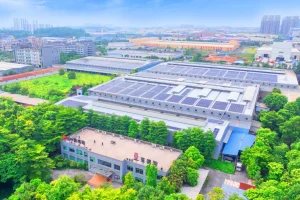 DeLuxe Metal cookware factory aerial view, rooftop solar panel photovoltaic system for eco-friendly green production