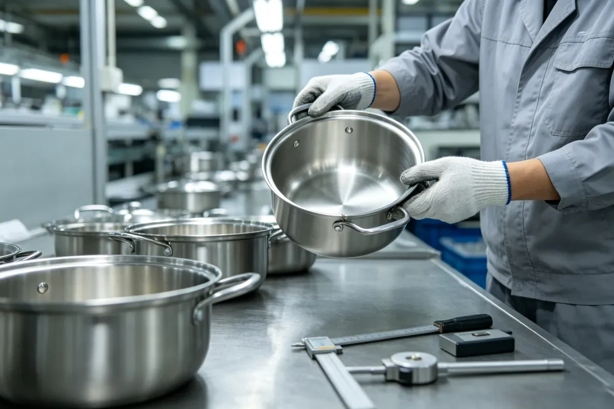 Quality inspection of stainless steel cookware dimensions and handle attachment